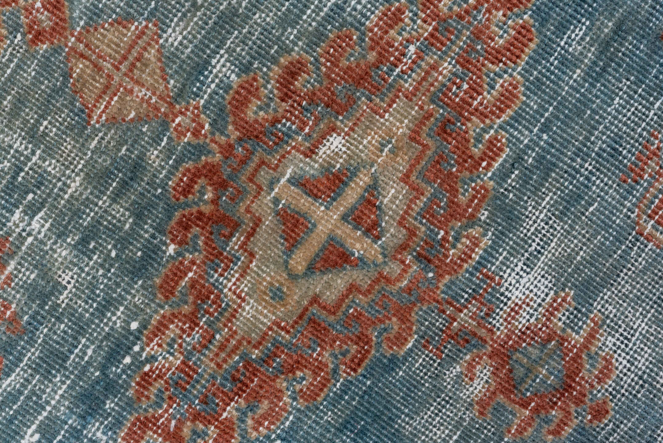 3' x 5' one-of-a-kind handmade vintage Veece small size rug. Color palette: light blue, rust, ivory, beige, pale gold