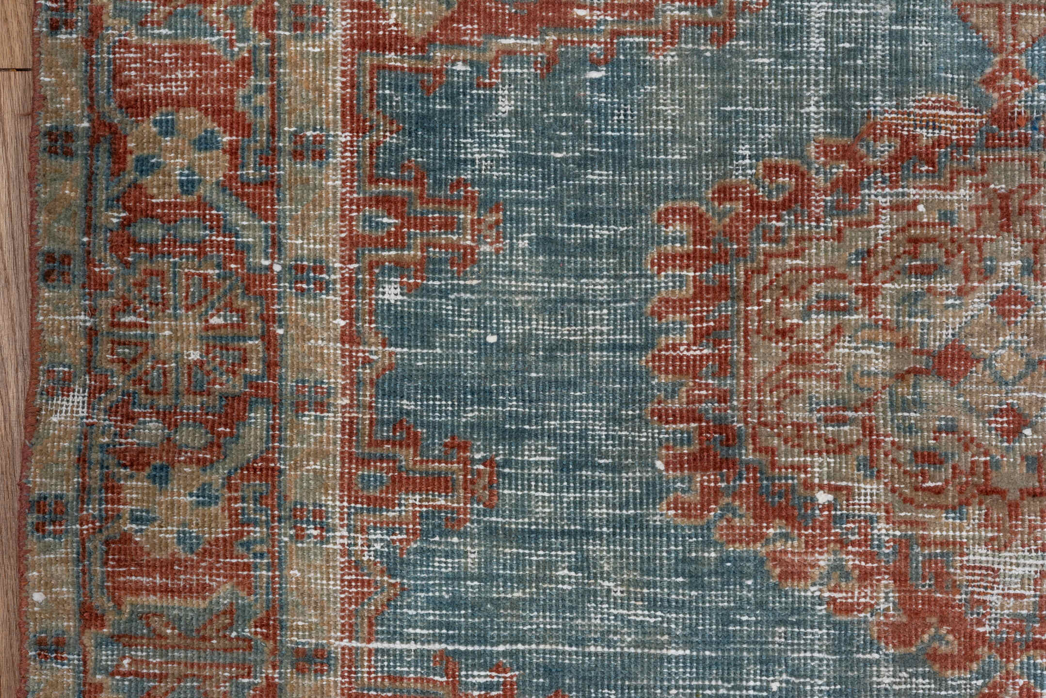 3' x 5' one-of-a-kind handmade vintage Veece small size rug. Color palette: light blue, rust, ivory, beige, pale gold
