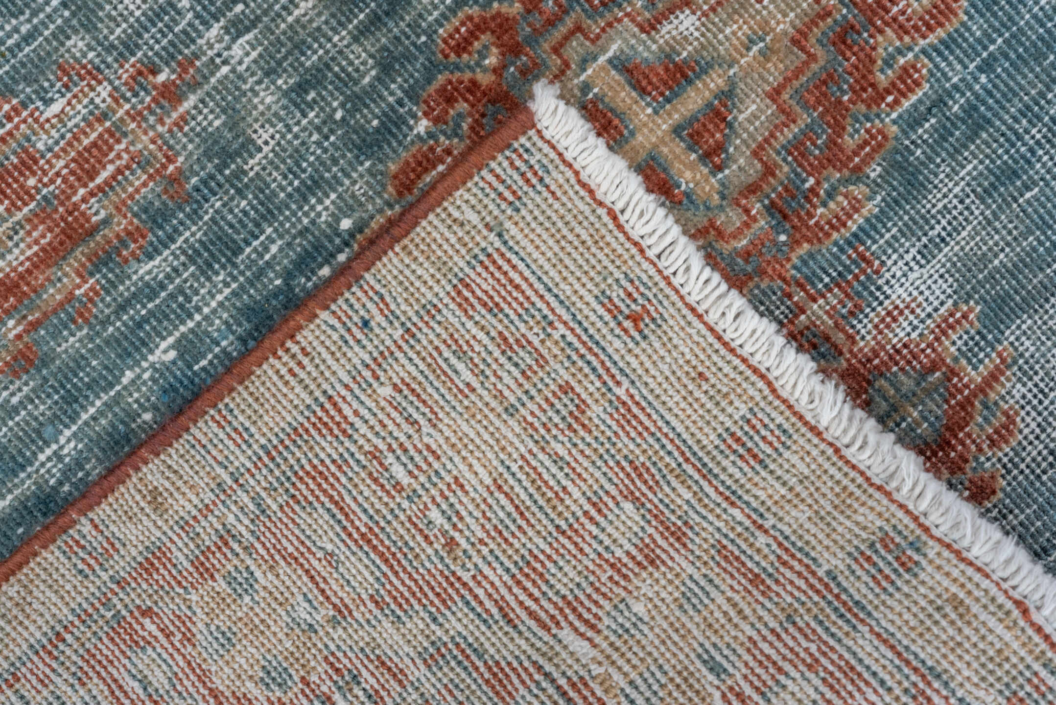 3' x 5' one-of-a-kind handmade vintage Veece small size rug. Color palette: light blue, rust, ivory, beige, pale gold
