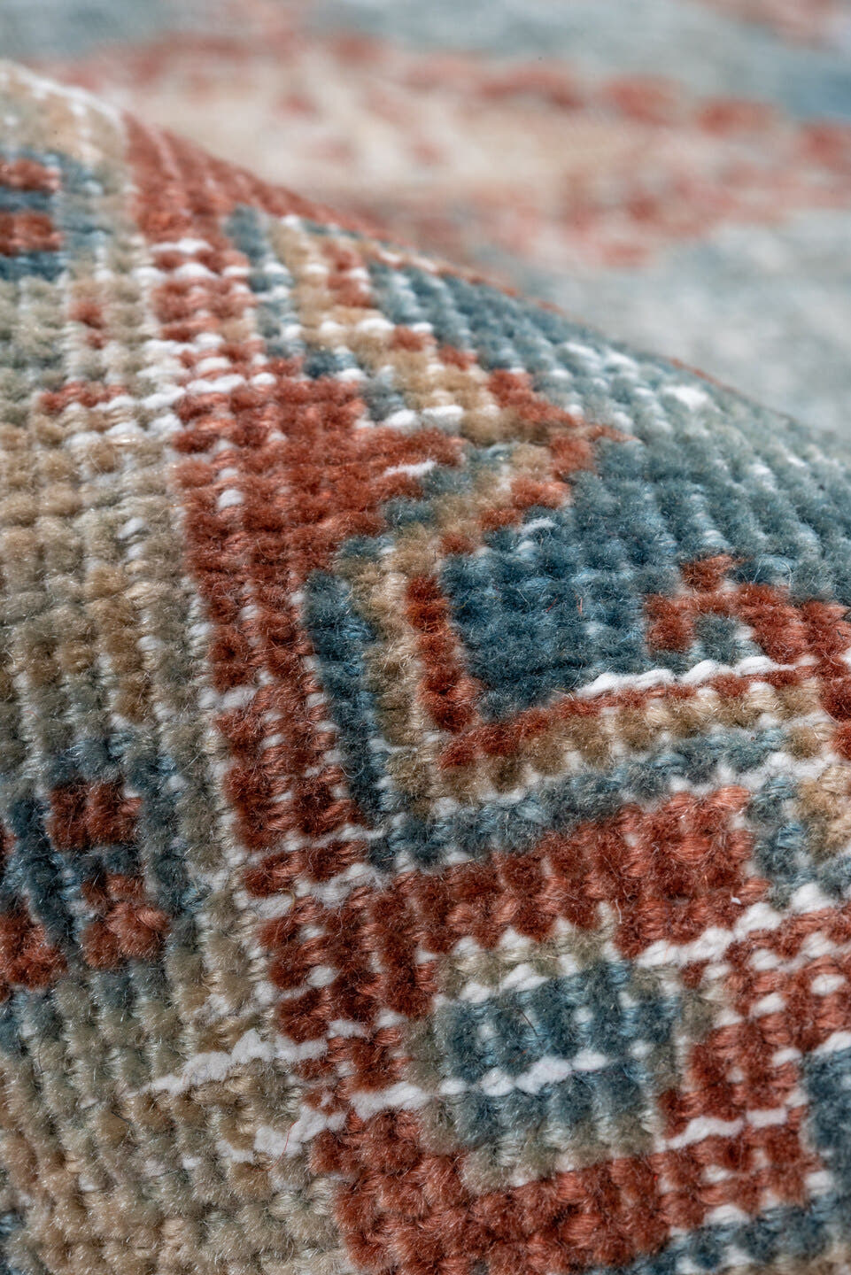 3' x 5' one-of-a-kind handmade vintage Veece small size rug. Color palette: light blue, rust, ivory, beige, pale gold