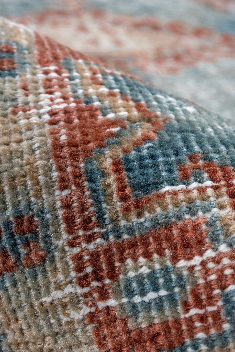 3' x 5' one-of-a-kind handmade vintage Veece small size rug. Color palette: light blue, rust, ivory, beige, pale gold