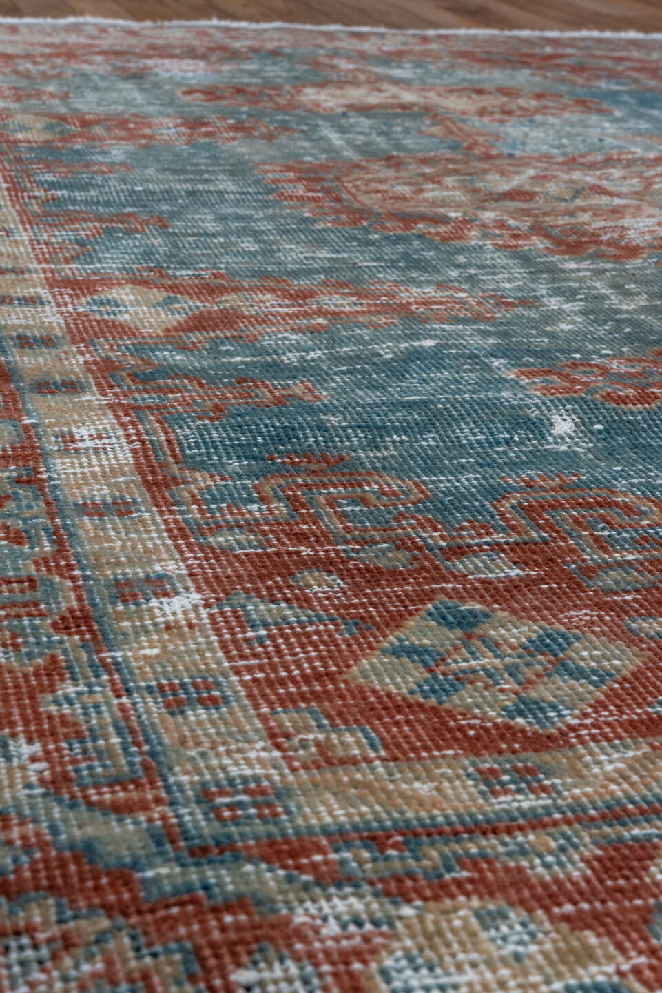 3' x 5' one-of-a-kind handmade vintage Veece small size rug. Color palette: light blue, rust, ivory, beige, pale gold