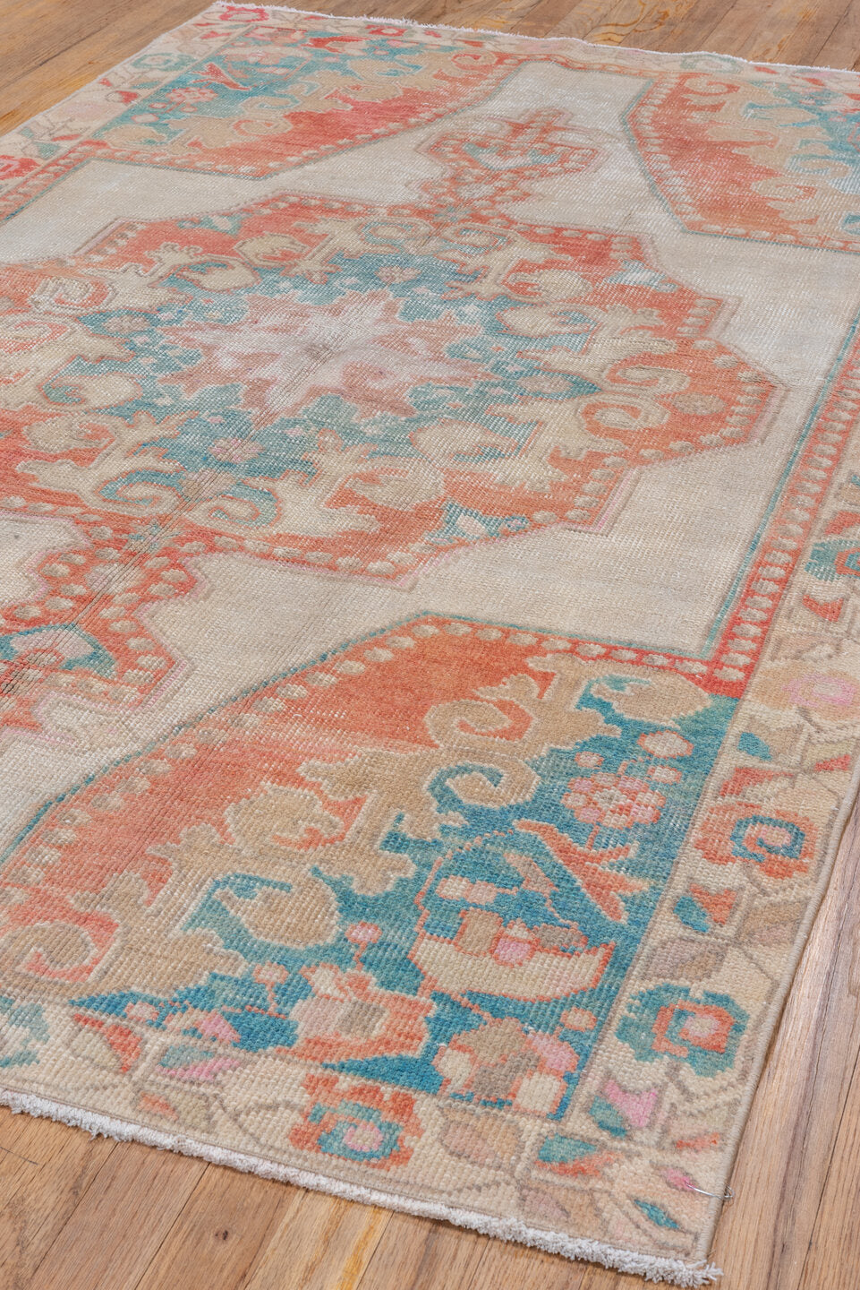 4' x 7' one-of-a-kind handmade vintage Oushak rug. Color palette: ivory, coral, aqua, beige, blush, taupe, terracotta, teal