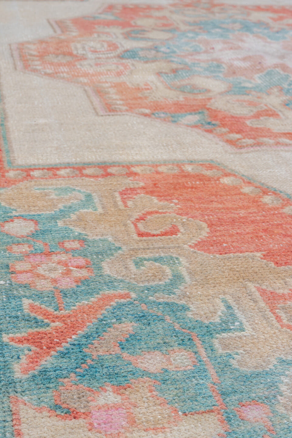 4' x 7' one-of-a-kind handmade vintage Oushak rug. Color palette: ivory, coral, aqua, beige, blush, taupe, terracotta, teal