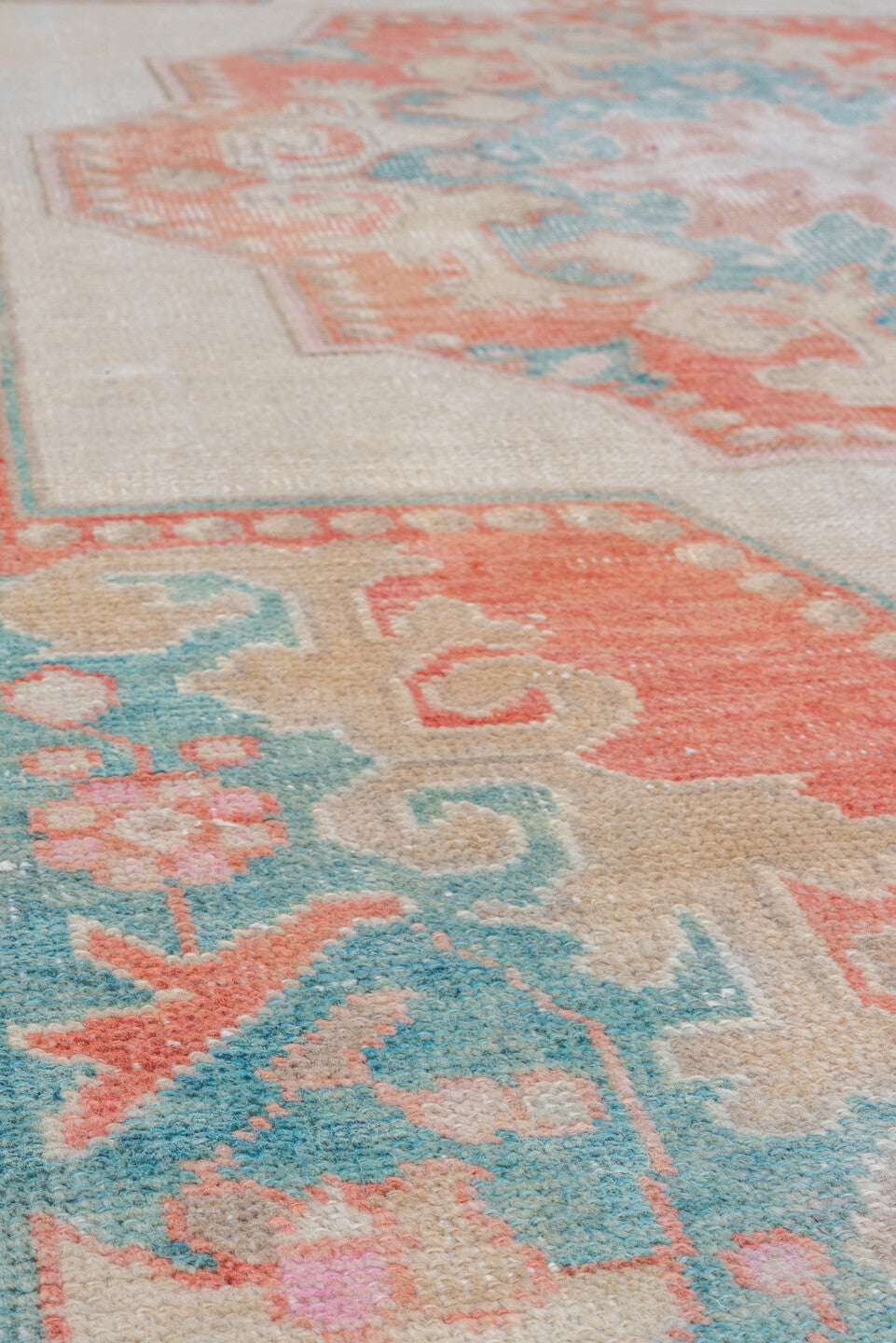 4' x 7' one-of-a-kind handmade vintage Oushak rug. Color palette: ivory, coral, aqua, beige, blush, taupe, terracotta, teal