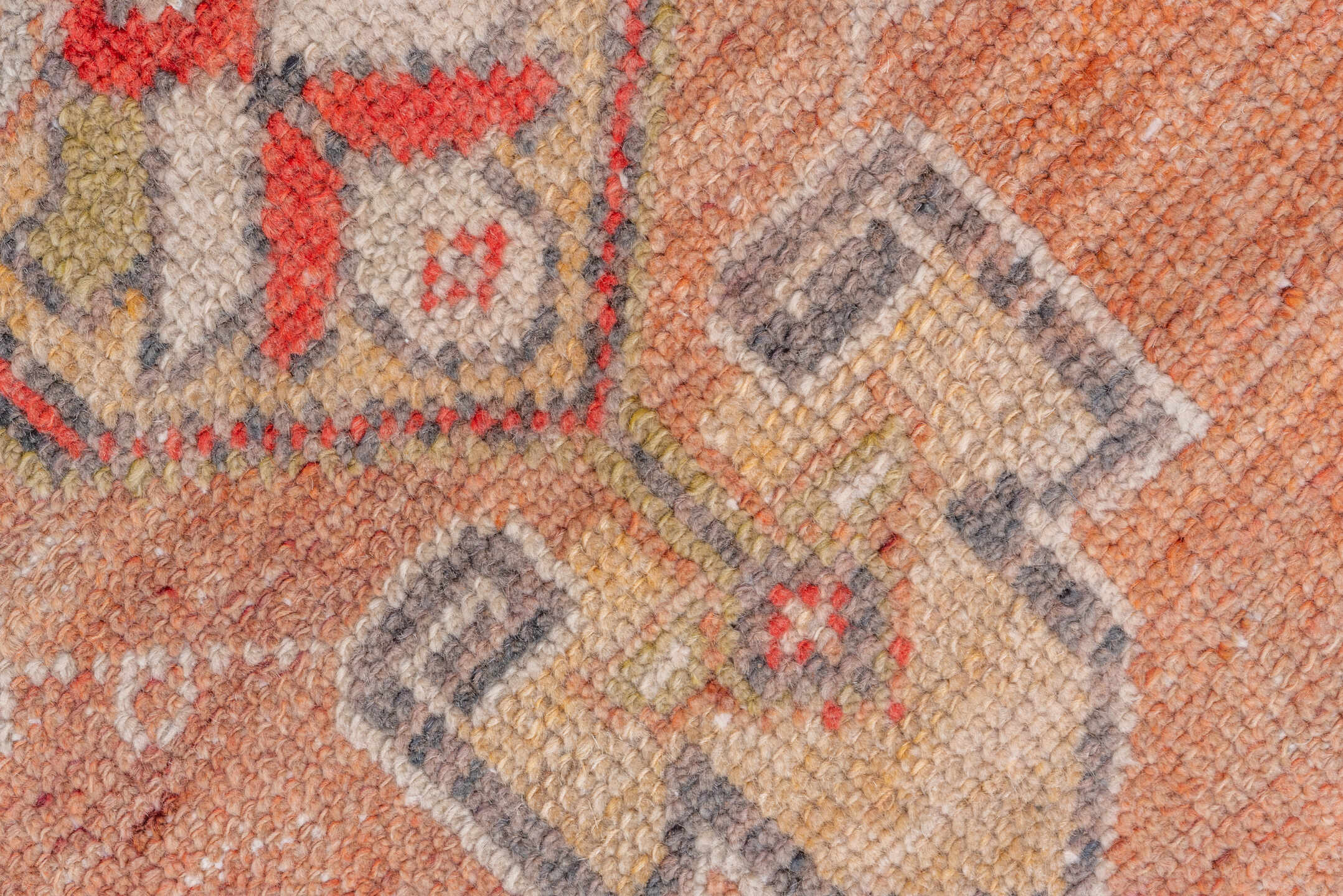 3' x 6' one-of-a-kind handmade vintage Oushak small size rug. Color palette: salmon, ivory, gold, charcoal, rust, taupe