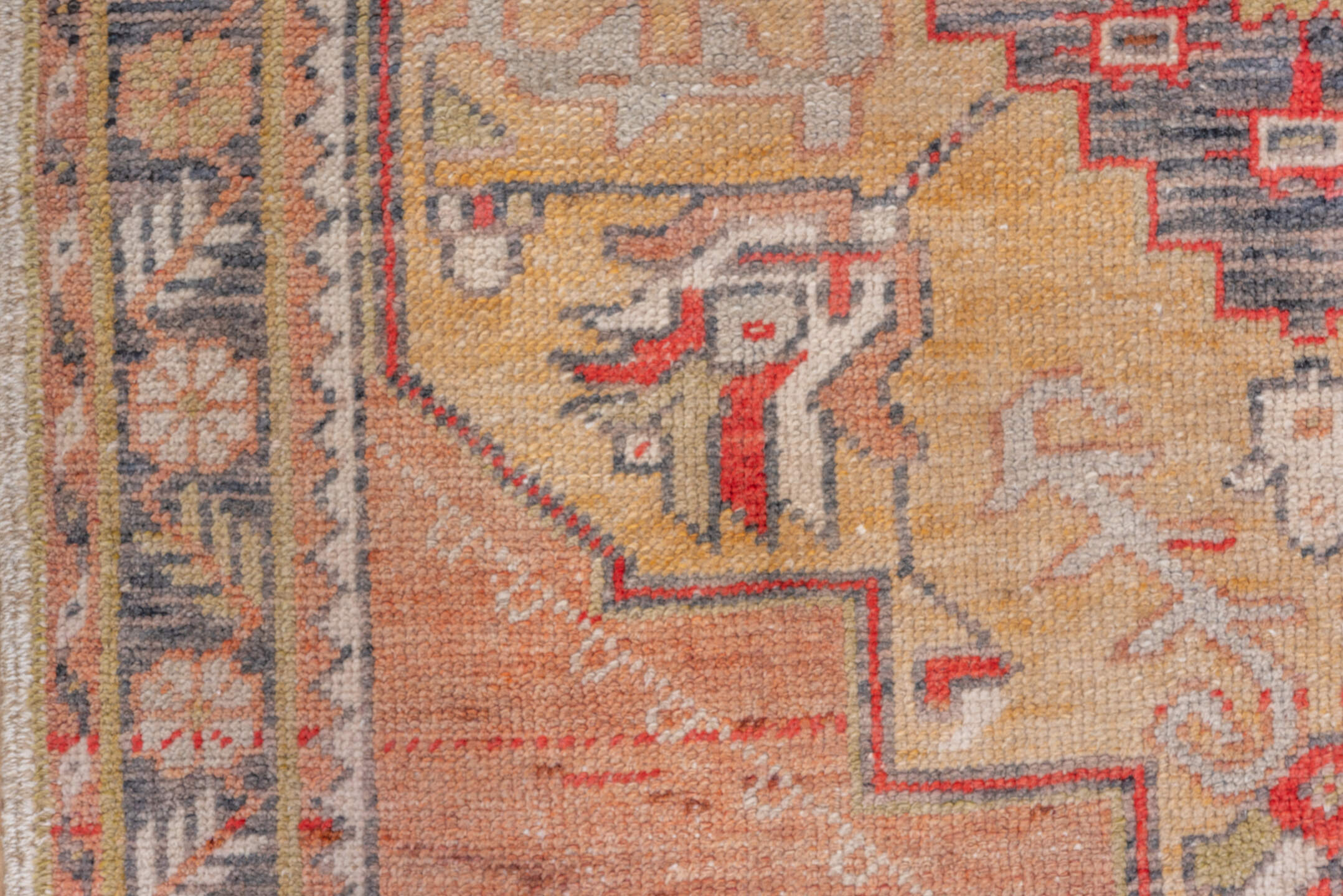 3' x 6' one-of-a-kind handmade vintage Oushak small size rug. Color palette: salmon, ivory, gold, charcoal, rust, taupe