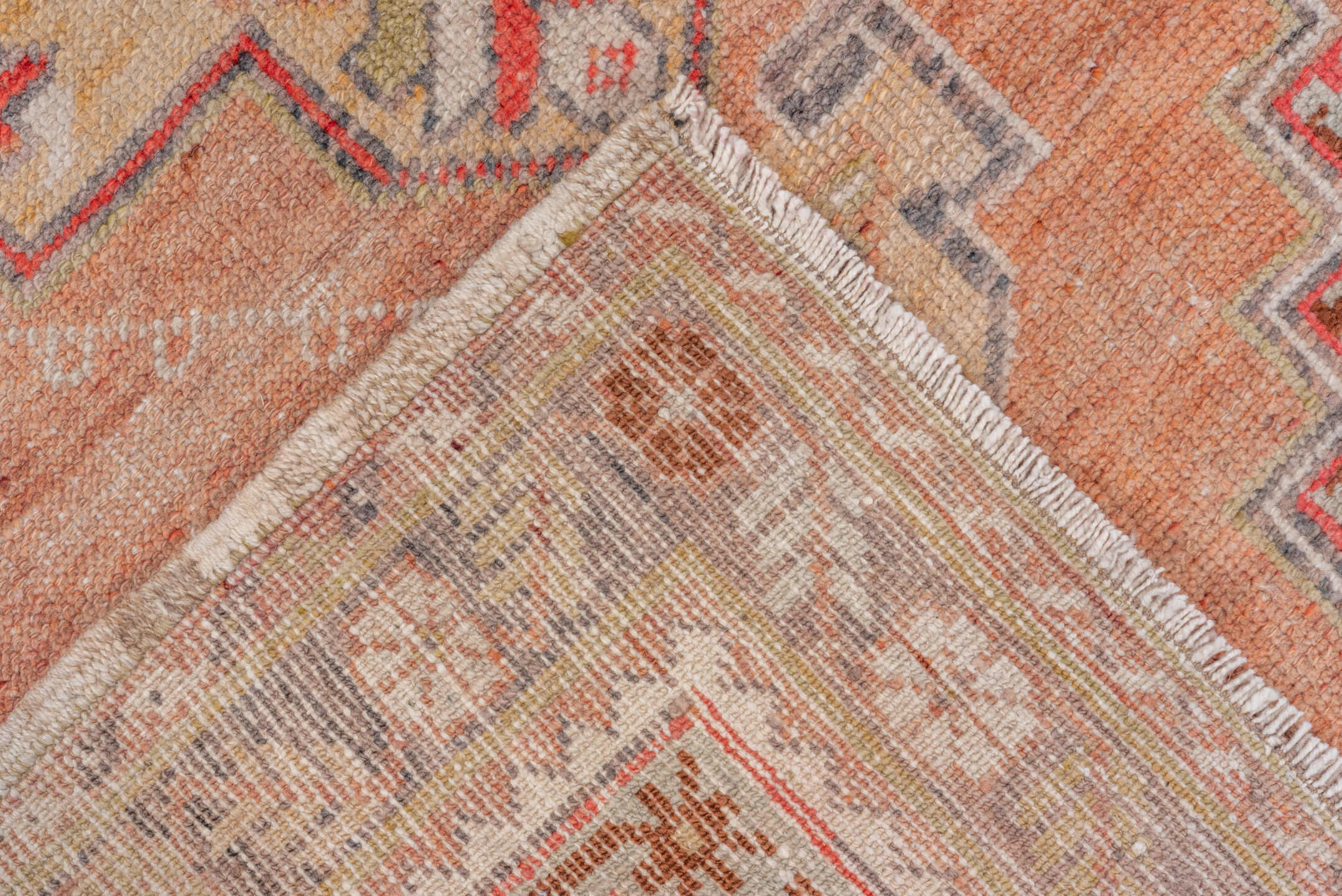 3' x 6' one-of-a-kind handmade vintage Oushak small size rug. Color palette: salmon, ivory, gold, charcoal, rust, taupe