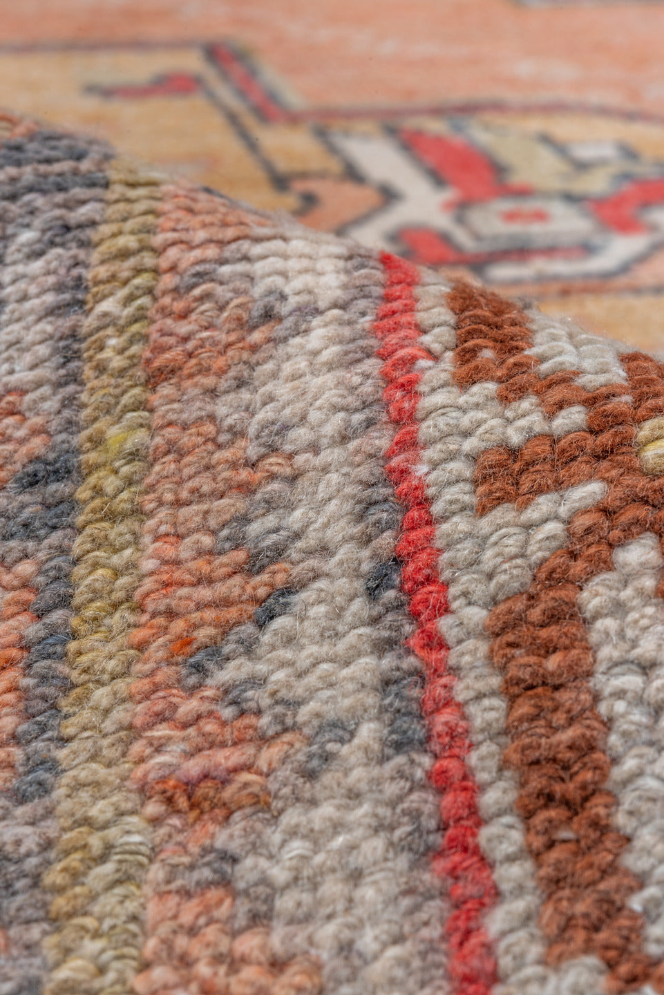 3' x 6' one-of-a-kind handmade vintage Oushak small size rug. Color palette: salmon, ivory, gold, charcoal, rust, taupe