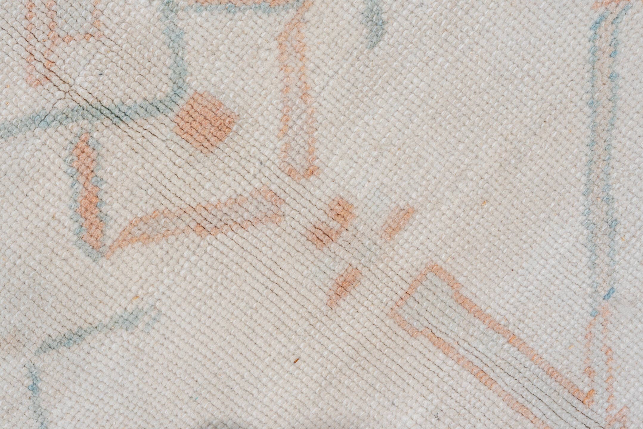 10' x 13' one-of-a-kind handmade vintage Oushak large size rug. Color palette: ivory, peach, aqua, sand, light blue, taupe