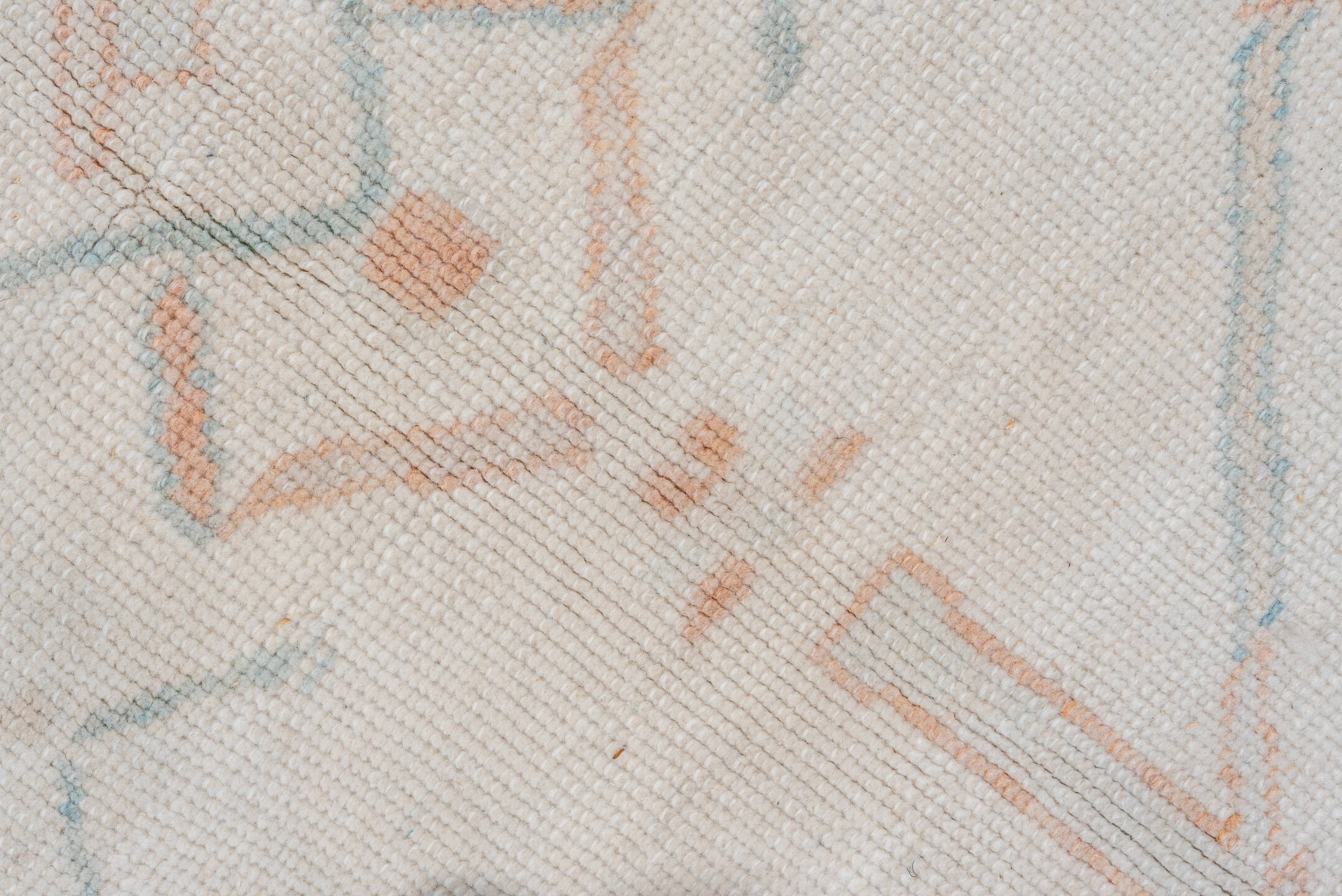 10' x 13' one-of-a-kind handmade vintage Oushak large size rug. Color palette: ivory, peach, aqua, sand, light blue, taupe