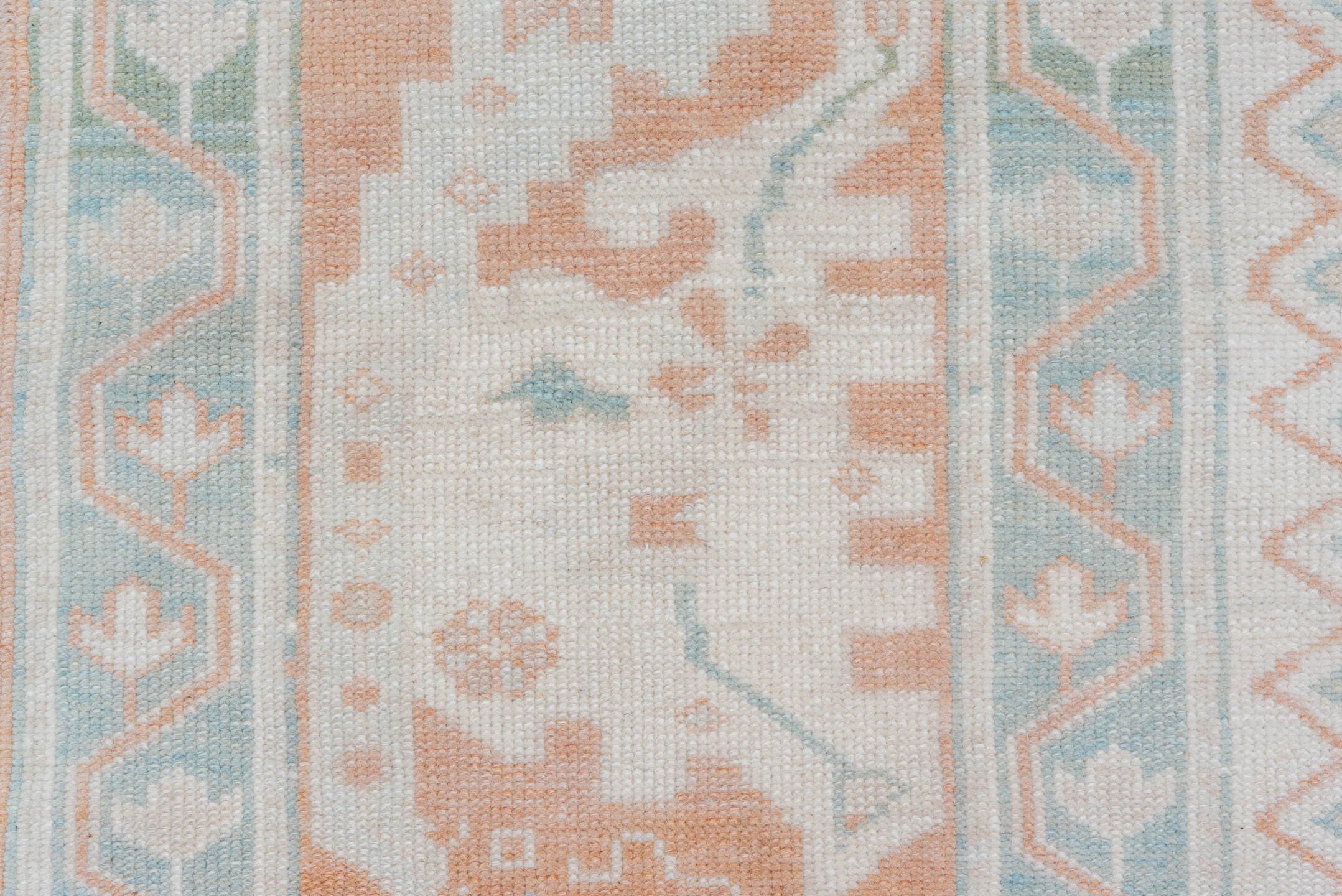 10' x 13' one-of-a-kind handmade vintage Oushak large size rug. Color palette: ivory, peach, aqua, sand, light blue, taupe