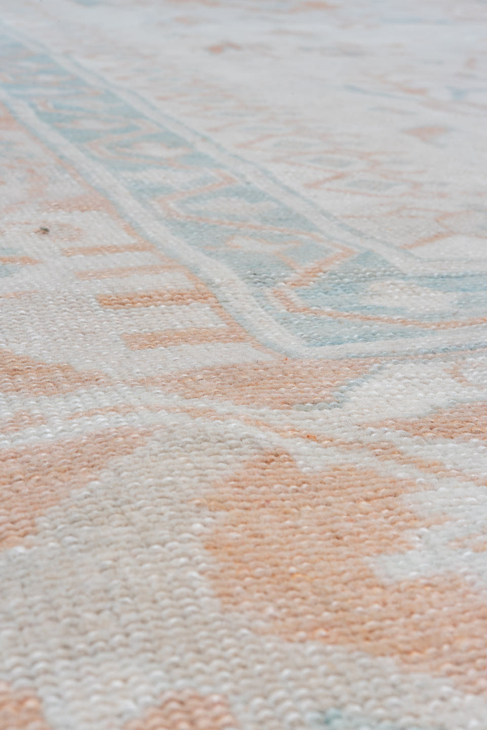 10' x 13' one-of-a-kind handmade vintage Oushak large size rug. Color palette: ivory, peach, aqua, sand, light blue, taupe