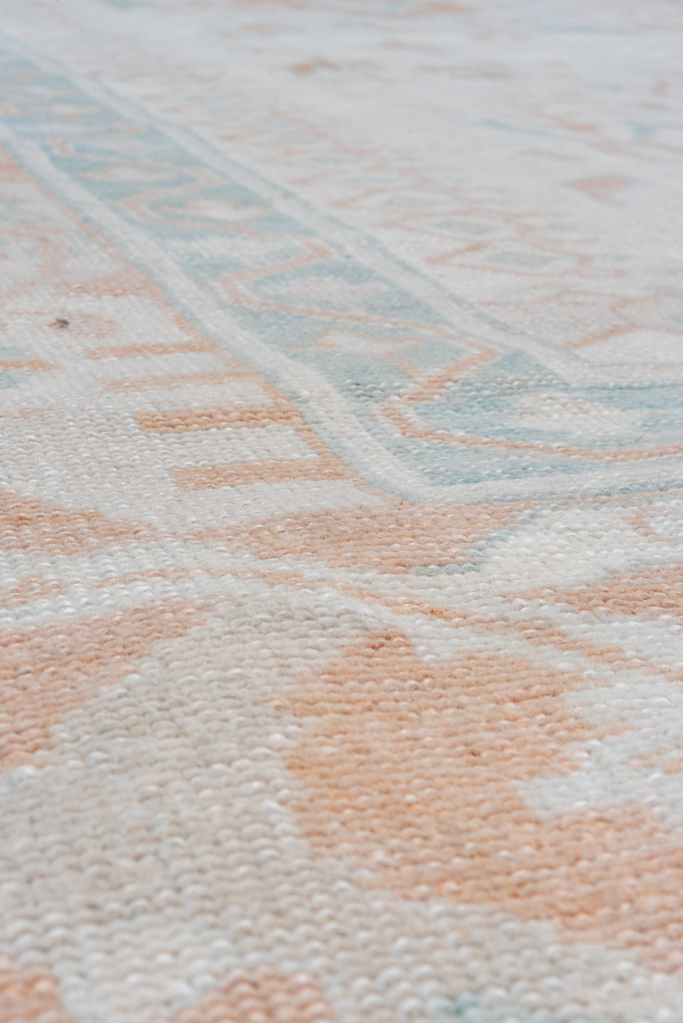 10' x 13' one-of-a-kind handmade vintage Oushak large size rug. Color palette: ivory, peach, aqua, sand, light blue, taupe
