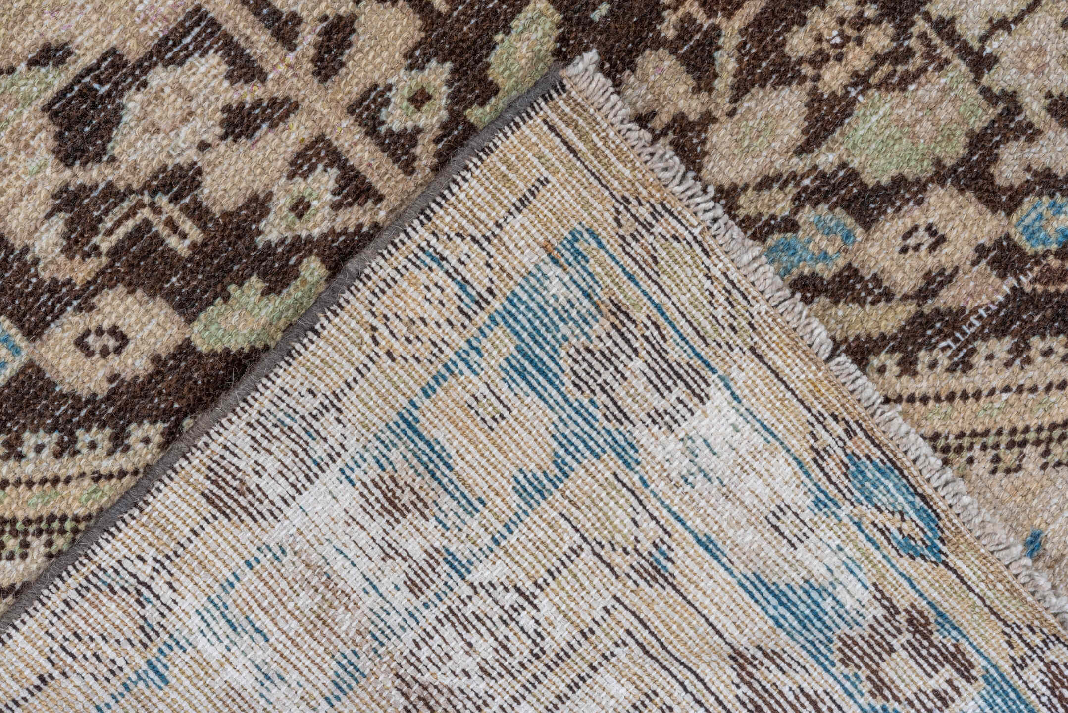 4' x 11' one-of-a-kind handmade vintage Malayer runner rug. Color palette: brown, ivory, sky_blue, taupe, charcoal, beige
