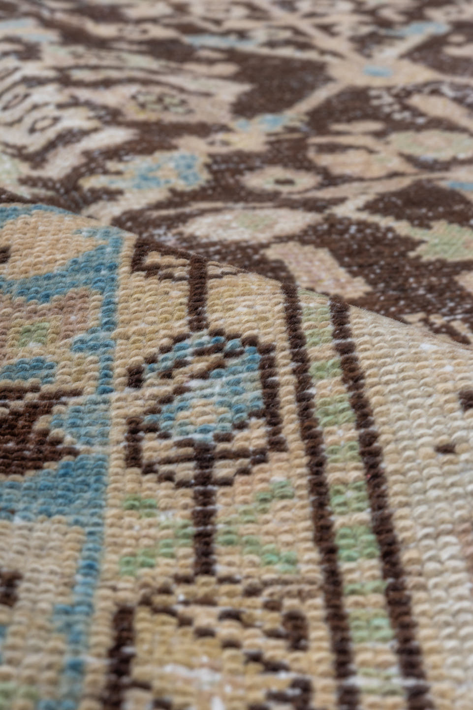 4' x 11' one-of-a-kind handmade vintage Malayer runner rug. Color palette: brown, ivory, sky_blue, taupe, charcoal, beige