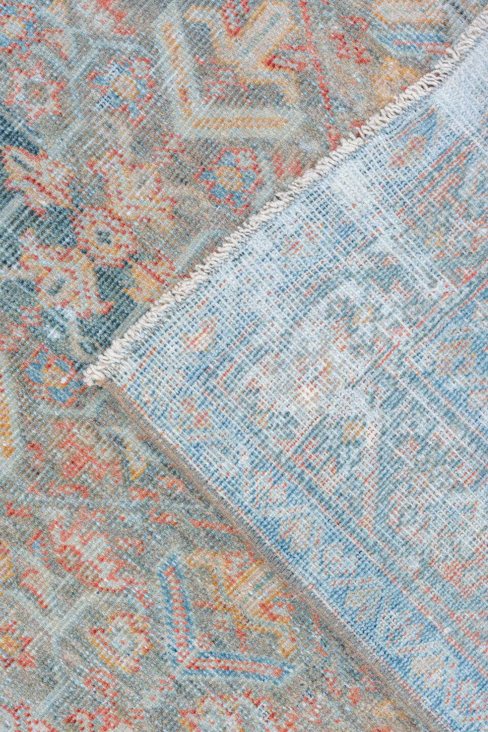 4' x 6' one-of-a-kind handmade vintage Mahal small size rug. Color palette: sky blue, coral, ivory, terra cotta, slate