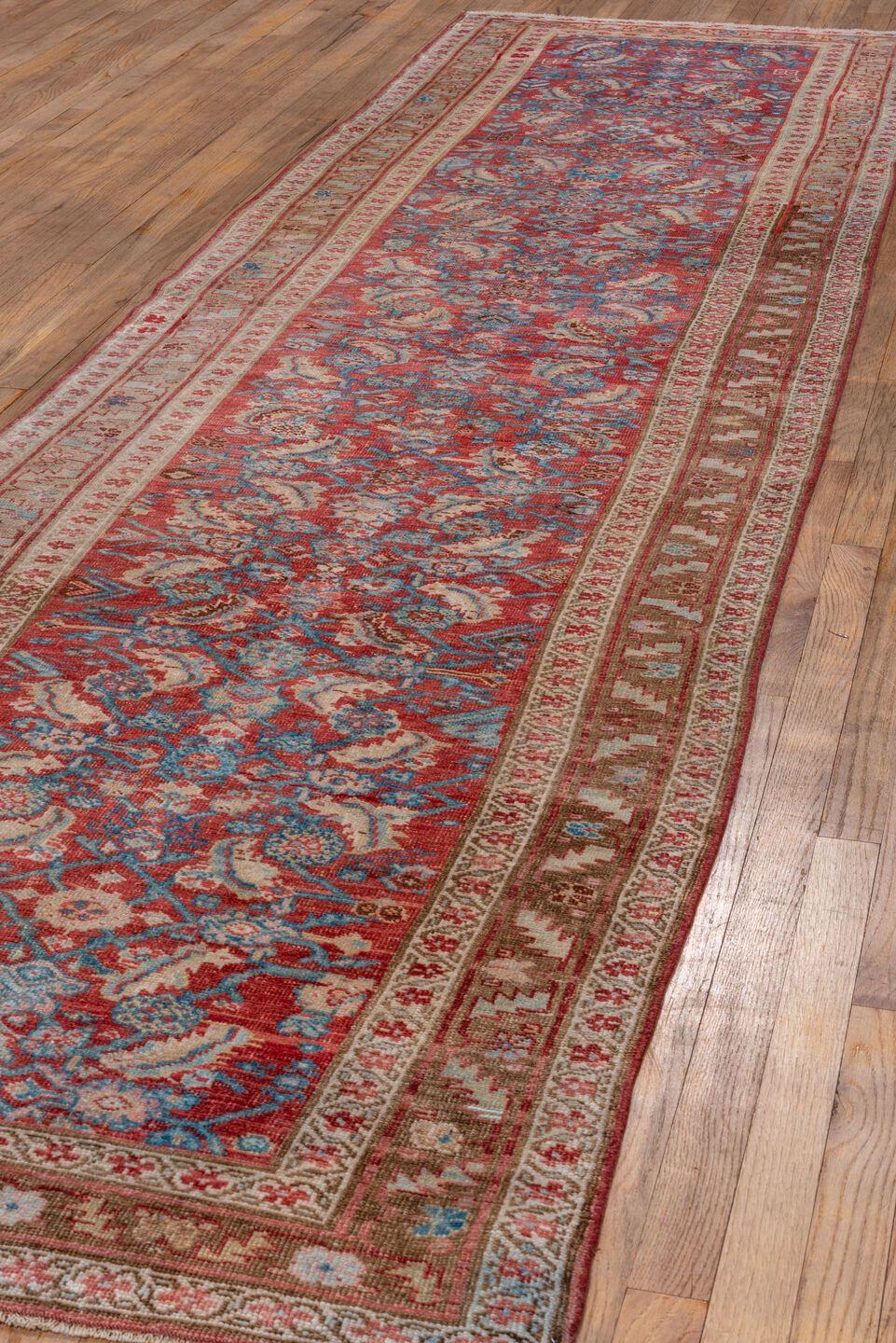 3' x 13' one-of-a-kind handmade vintage Bidjar runner rug. Color palette: blue, brown, gray, pink, red