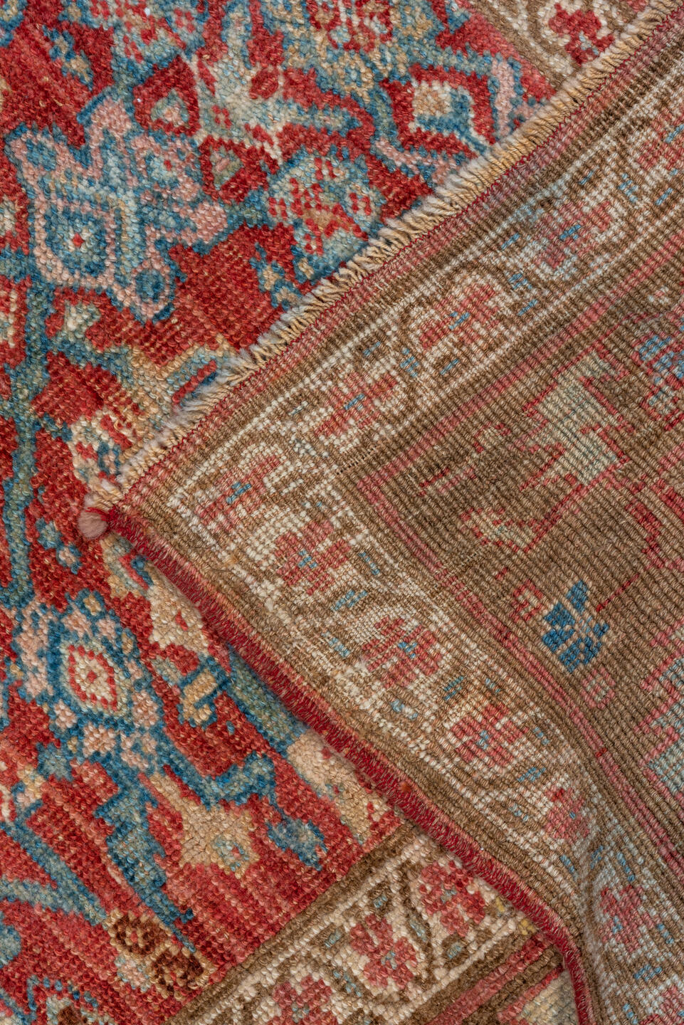 3' x 13' one-of-a-kind handmade vintage Bidjar runner rug. Color palette: blue, brown, gray, pink, red