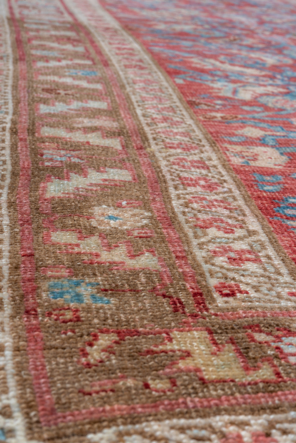 3' x 13' one-of-a-kind handmade vintage Bidjar runner rug. Color palette: blue, brown, gray, pink, red