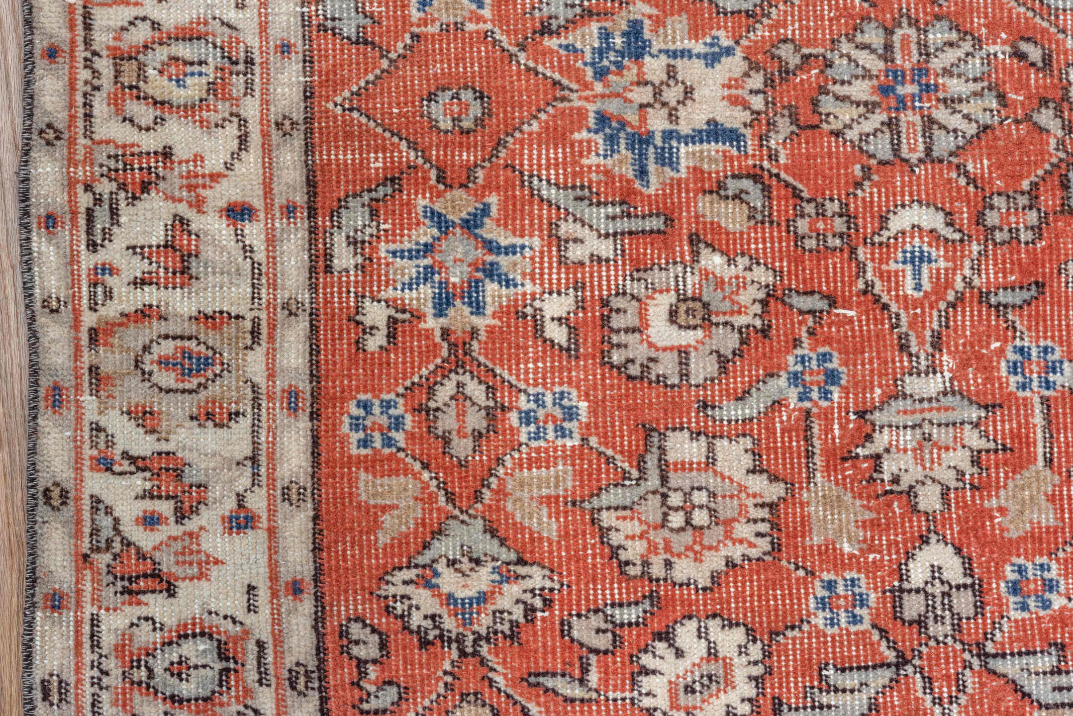 3' x 11' one-of-a-kind handmade vintage Oushak runner rug. Color palette: terra cotta, ivory, rust, blue, sage, taupe