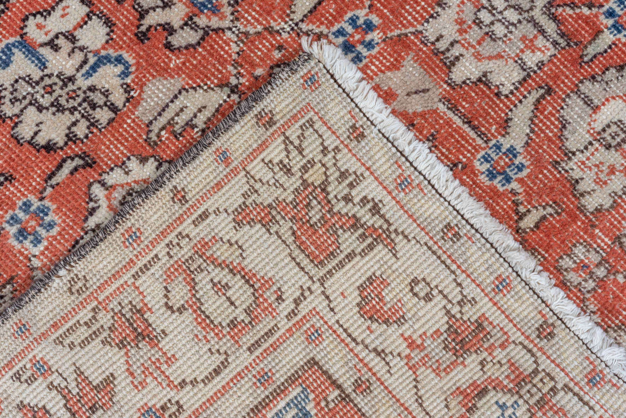 3' x 11' one-of-a-kind handmade vintage Oushak runner rug. Color palette: terra cotta, ivory, rust, blue, sage, taupe