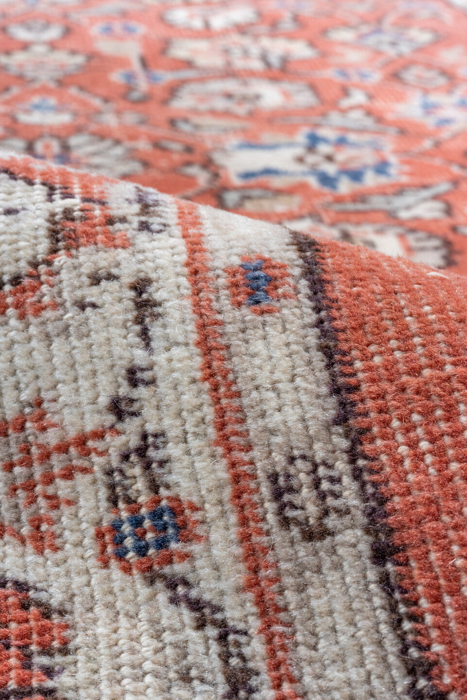 3' x 11' one-of-a-kind handmade vintage Oushak runner rug. Color palette: terra cotta, ivory, rust, blue, sage, taupe