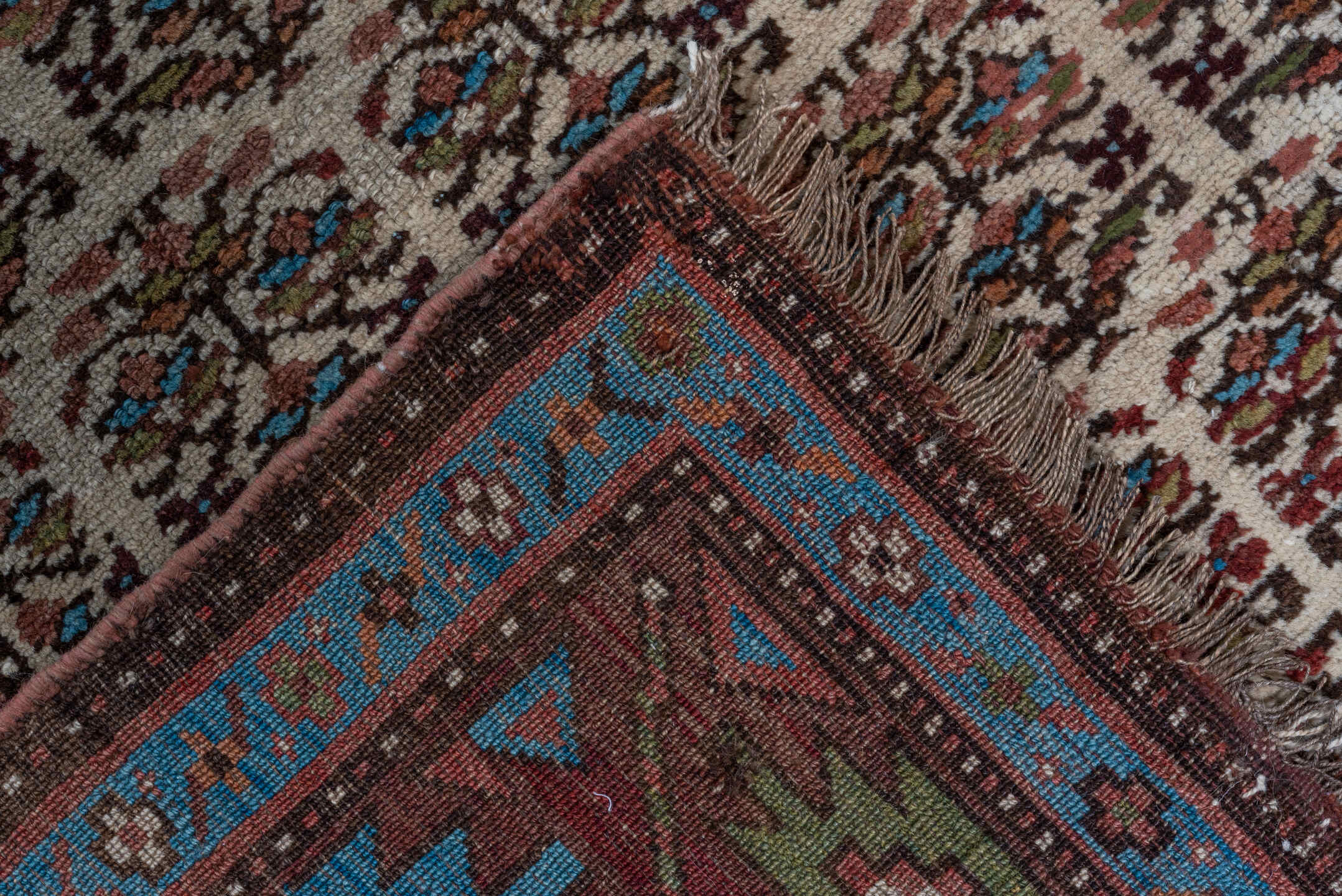 3' x 16' one-of-a-kind handmade vintage Kurd runner rug. Color palette: ivory, rust, brown, sky_blue, indigo, camel, navy