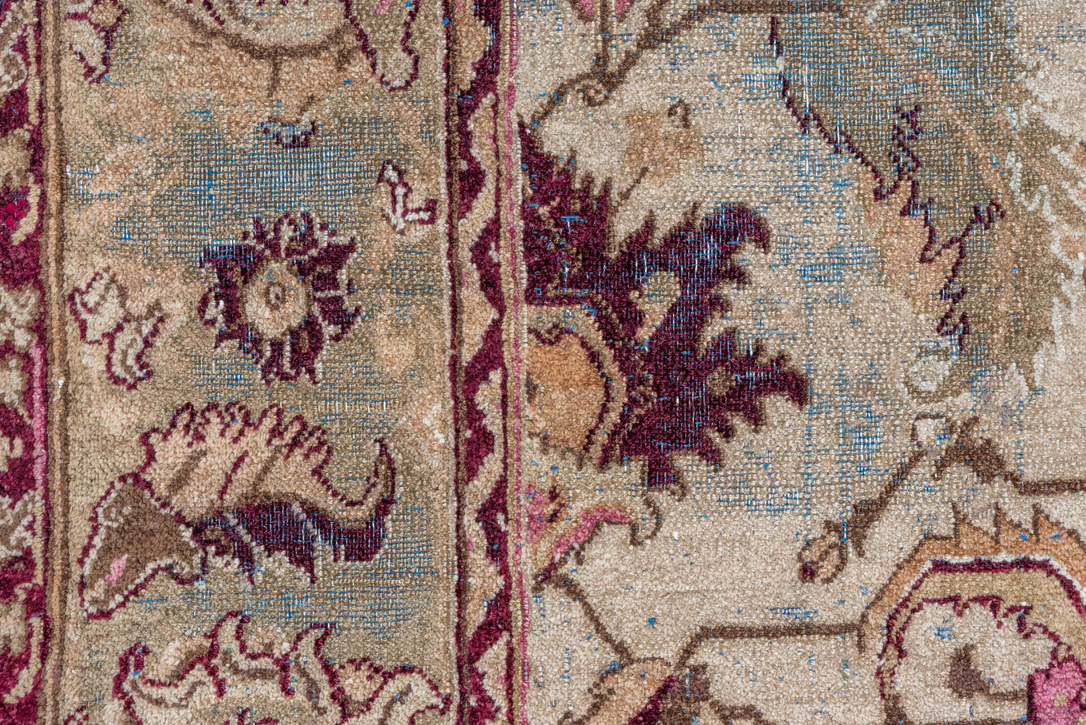 6' x 12' one-of-a-kind handmade vintage Agra large size rug. Color palette: ivory, beige, taupe, rose, burgundy, camel, sage