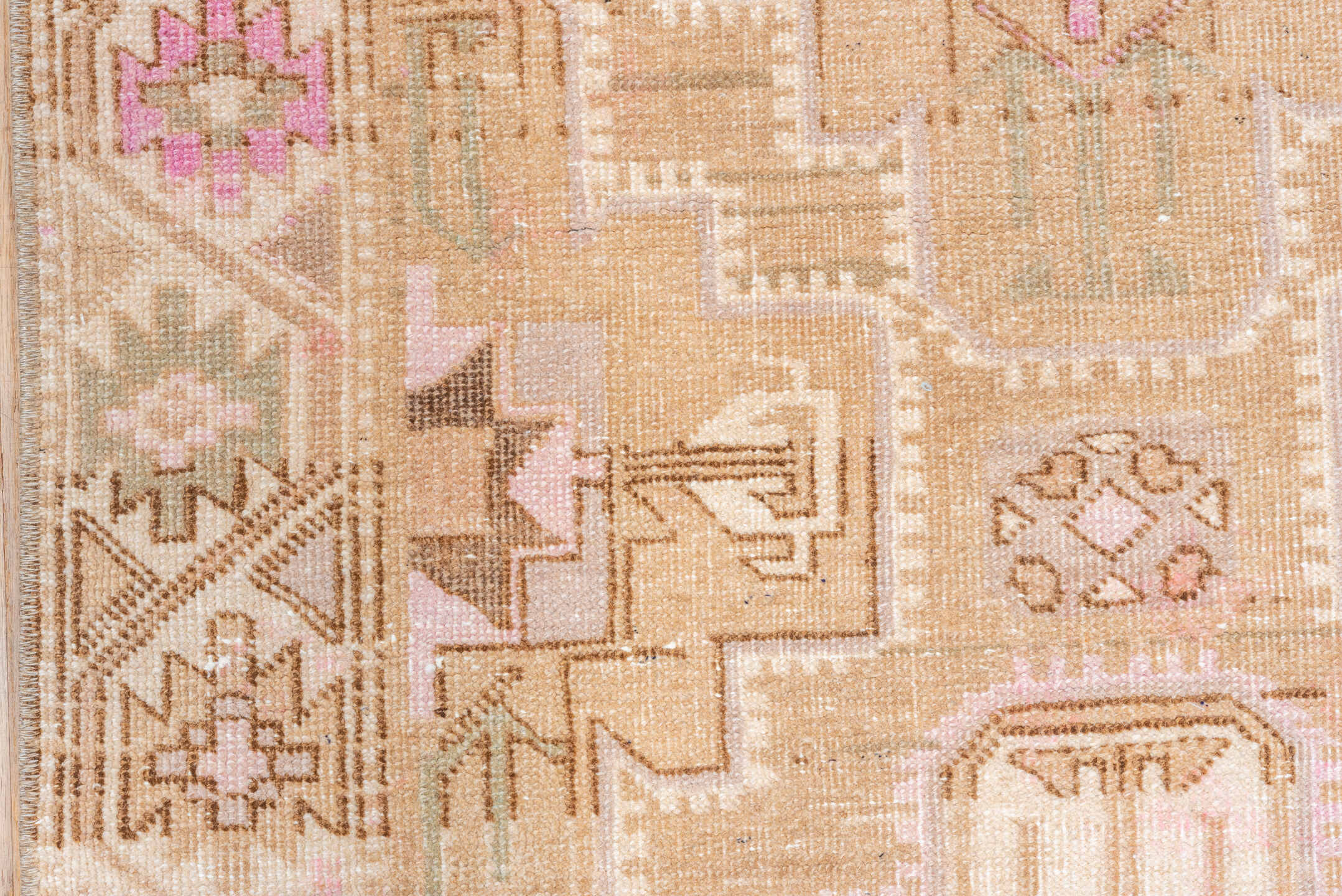 2' x 10' one-of-a-kind handmade vintage Malayer runner rug. Color palette: brown, off-white, orange, pink, snow, tan, white