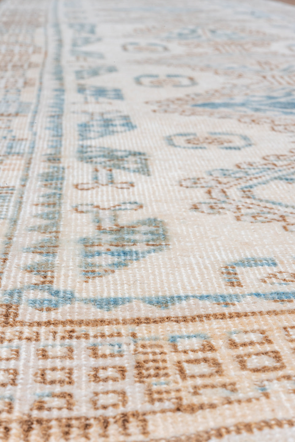 2' x 14' one-of-a-kind handmade vintage Sarab runner rug. Color palette: ivory, sky_blue, camel, taupe, light_blue