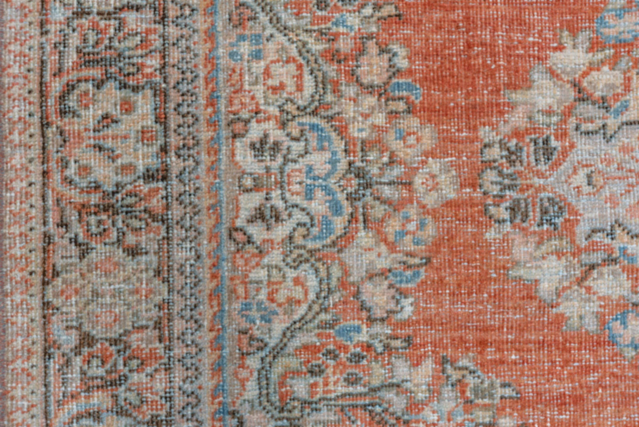 4' x 6' one-of-a-kind handmade vintage Mahal small size rug. Color palette: terra cotta, ivory, sky blue, charcoal, taupe
