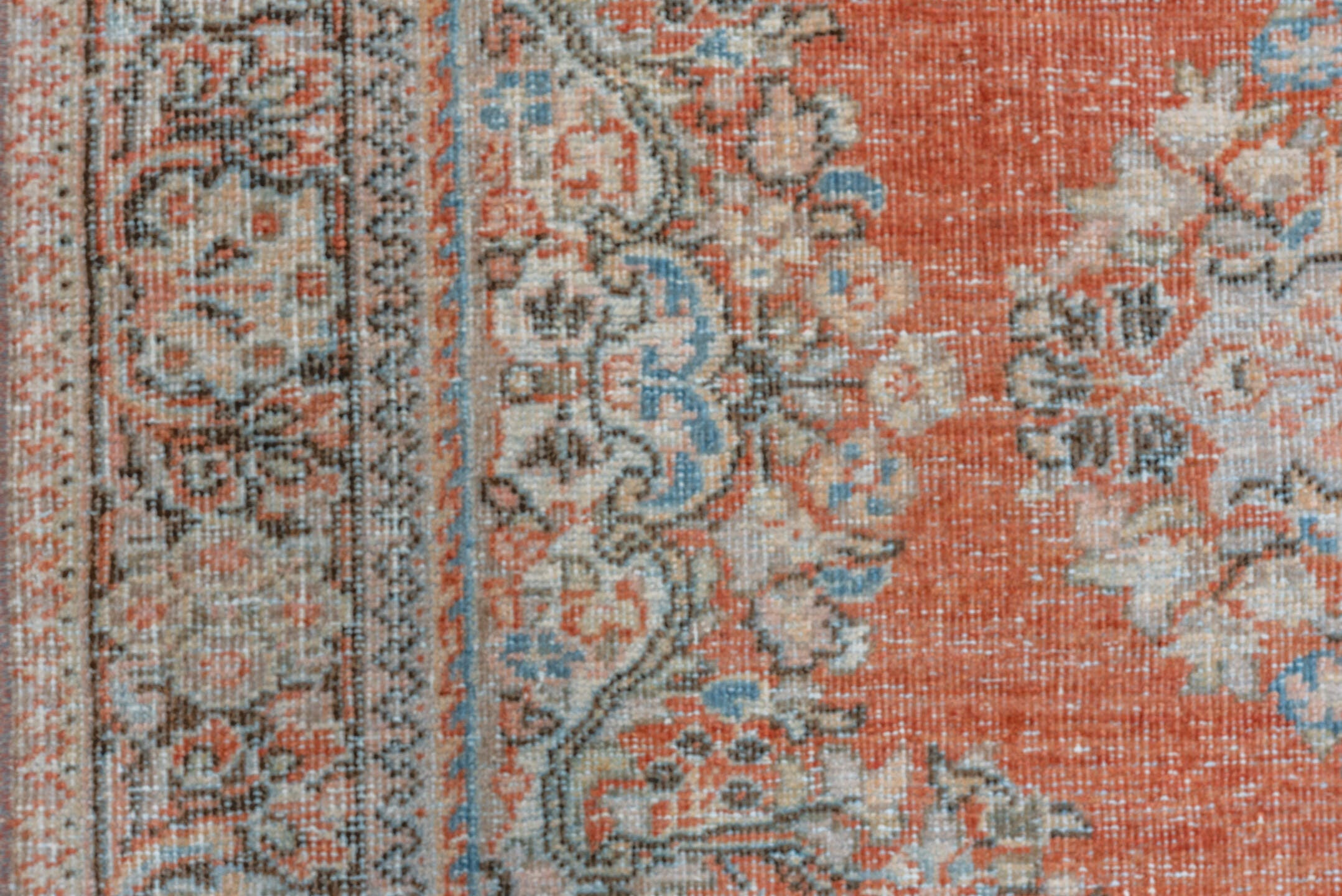 4' x 6' one-of-a-kind handmade vintage Mahal small size rug. Color palette: terra cotta, ivory, sky blue, charcoal, taupe