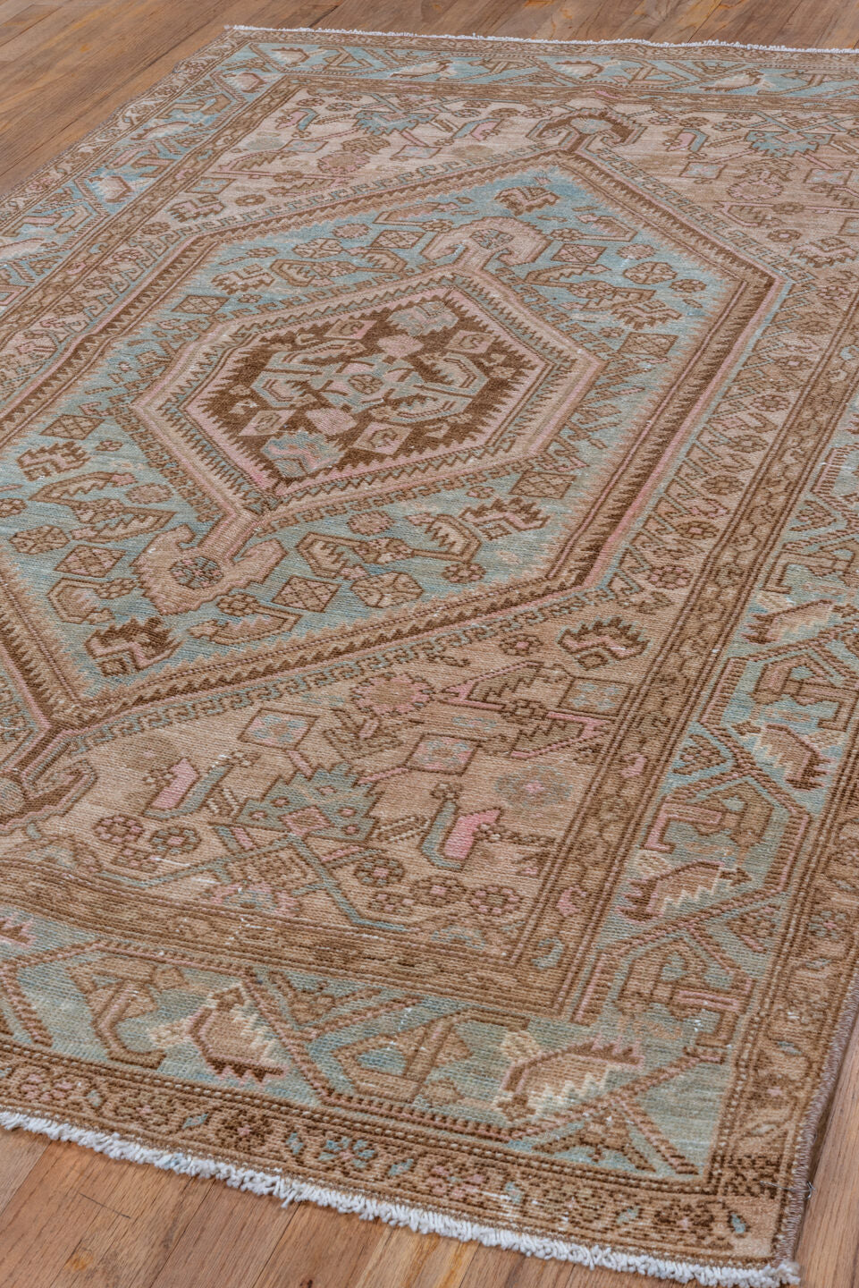 4' x 6' one-of-a-kind handmade vintage Malayer small size rug. Color palette: ivory, camel, sky blue, taupe, brown, blush