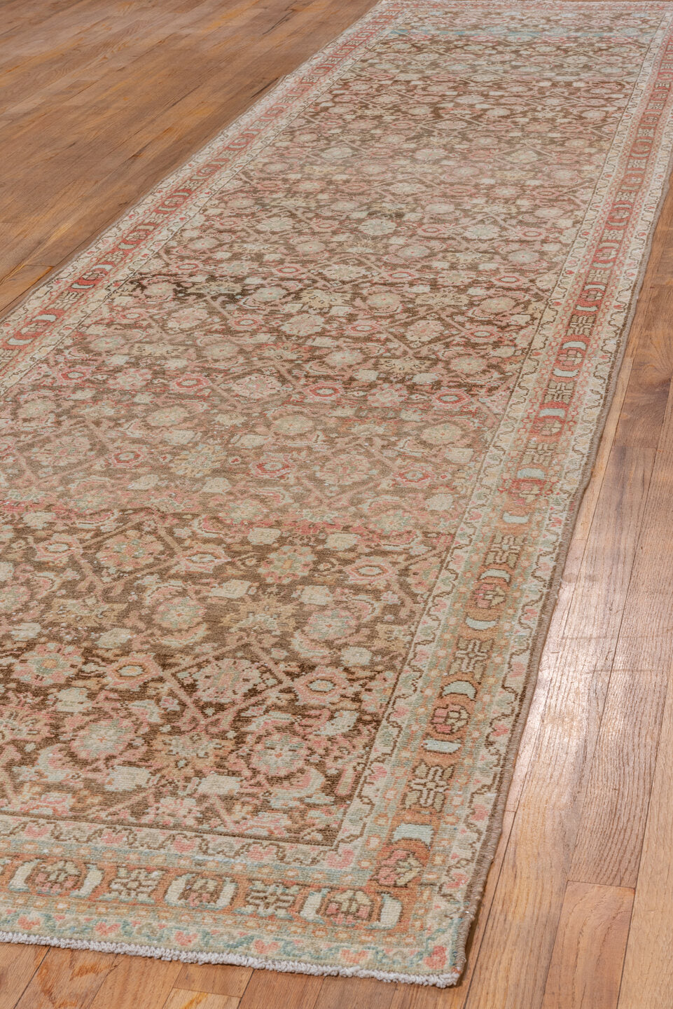 3' x 13' one-of-a-kind handmade vintage Malayer runner rug. Color palette: brown, gray, light gray, off-white, orange, pink