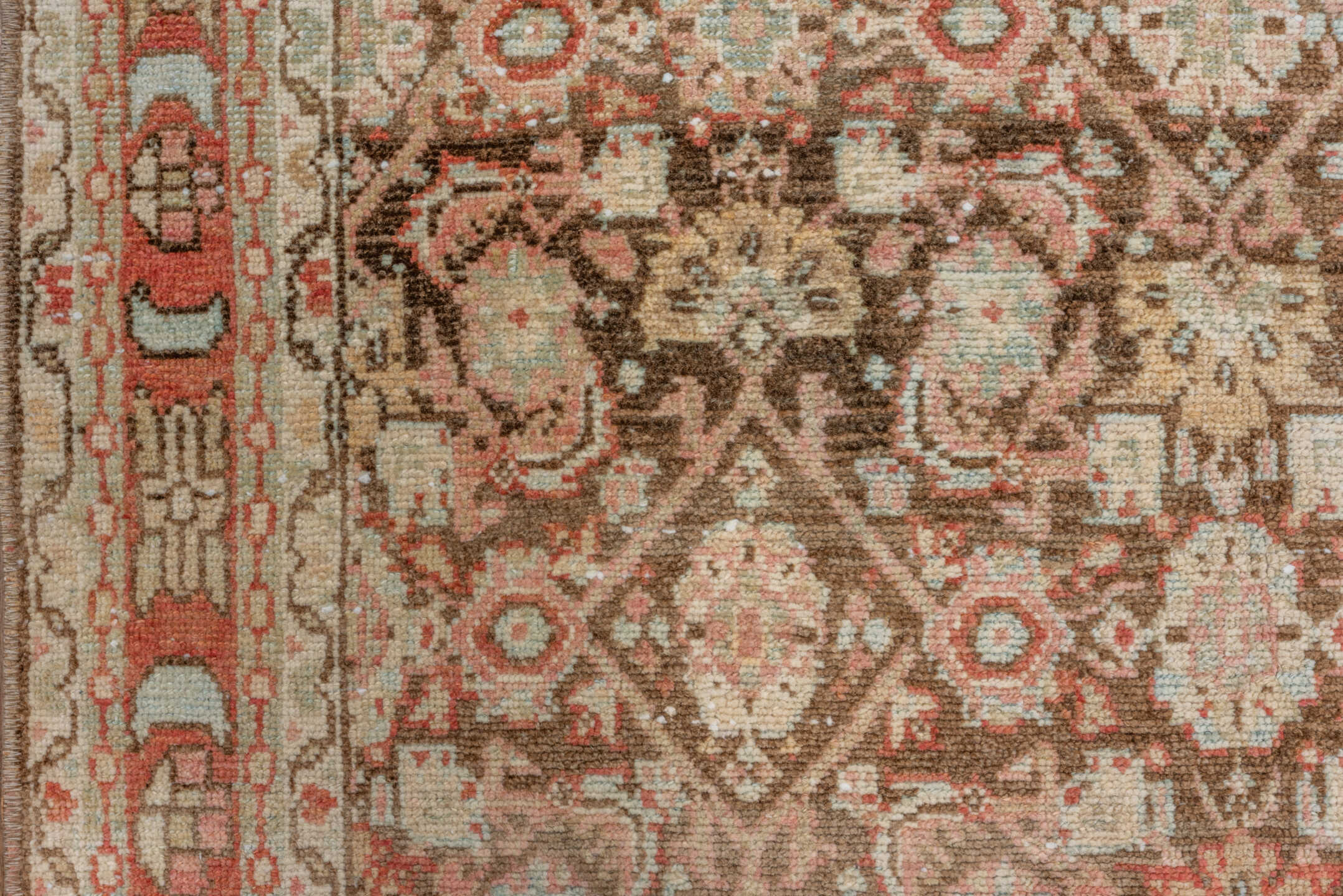 3' x 13' one-of-a-kind handmade vintage Malayer runner rug. Color palette: brown, gray, light gray, off-white, orange, pink