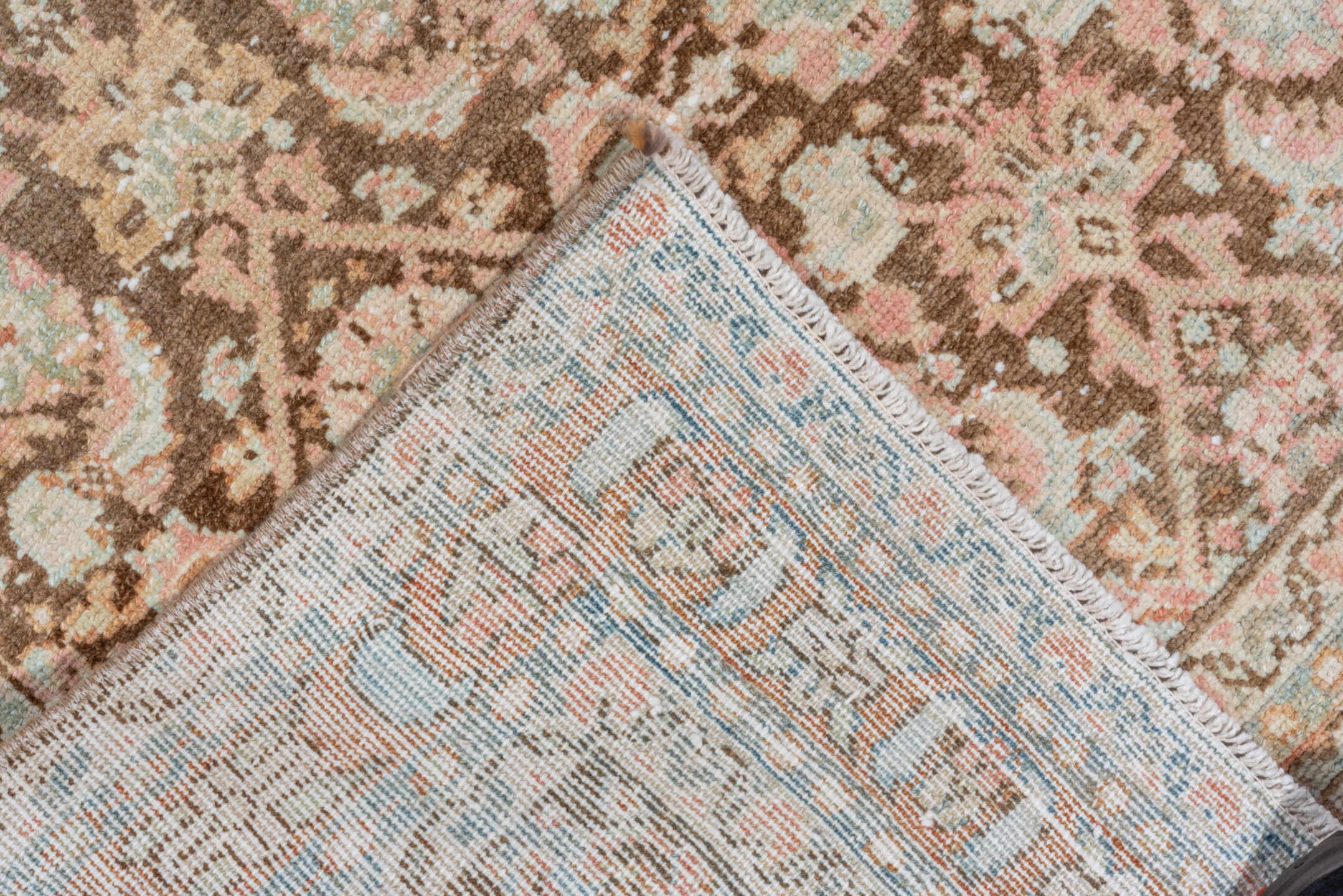 3' x 13' one-of-a-kind handmade vintage Malayer runner rug. Color palette: brown, gray, light gray, off-white, orange, pink