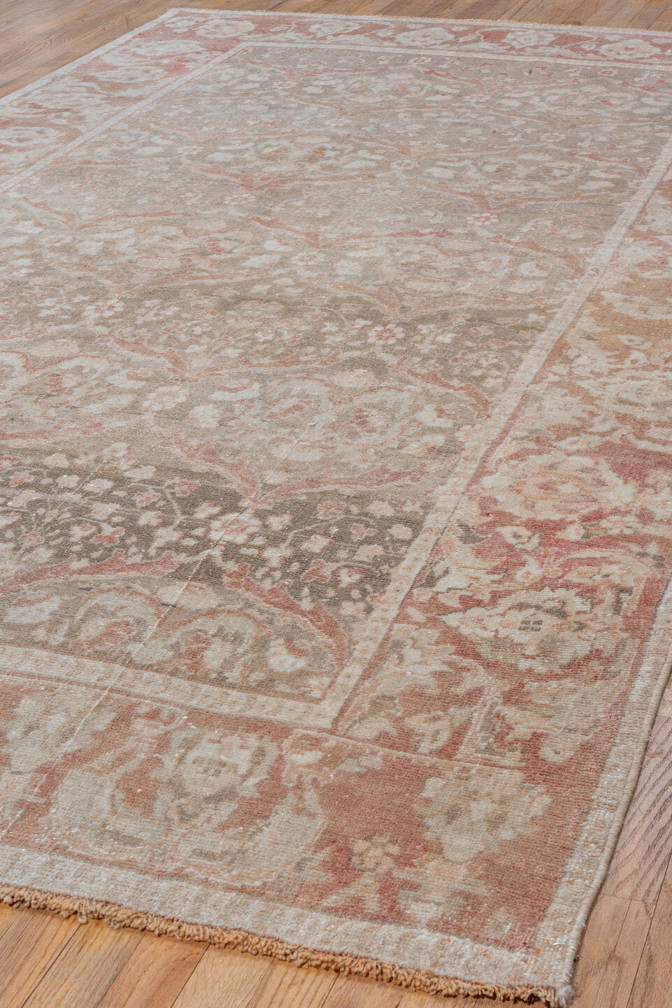 6' x 11' one-of-a-kind handmade vintage Oushak large size rug. Color palette: rose, taupe, ivory, blush, sage, terra cotta