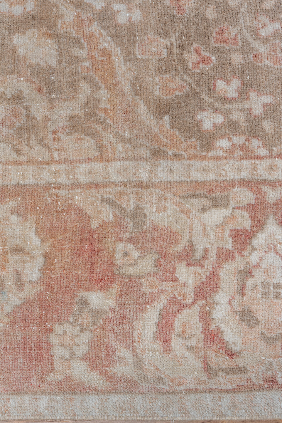 6' x 11' one-of-a-kind handmade vintage Oushak large size rug. Color palette: rose, taupe, ivory, blush, sage, terra cotta