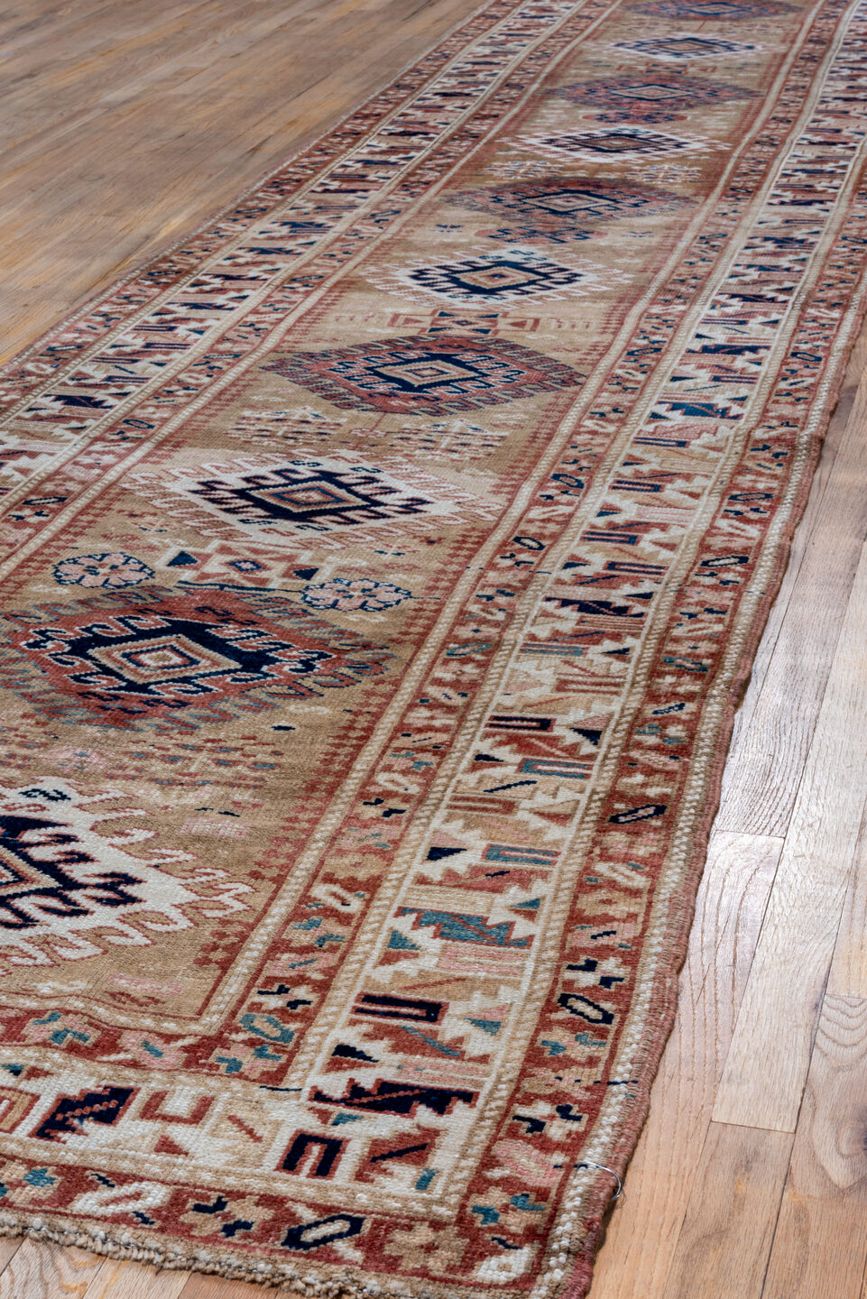 3' x 15' one-of-a-kind handmade vintage Sarab runner rug. Color palette: blue, brown, dim gray, gray, light gray, off-white