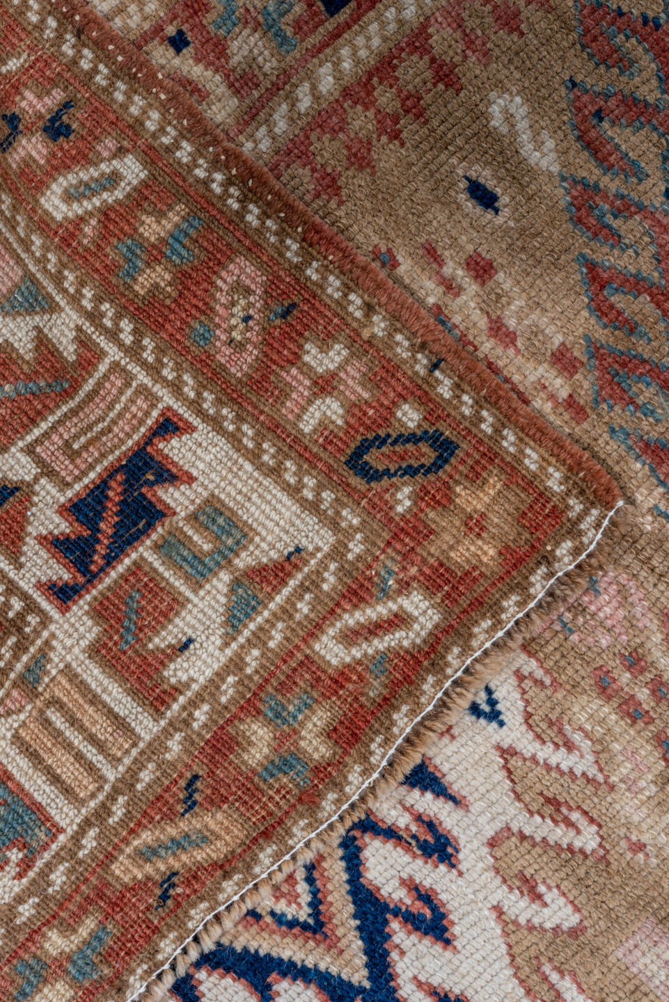 3' x 15' one-of-a-kind handmade vintage Sarab runner rug. Color palette: blue, brown, dim gray, gray, light gray, off-white