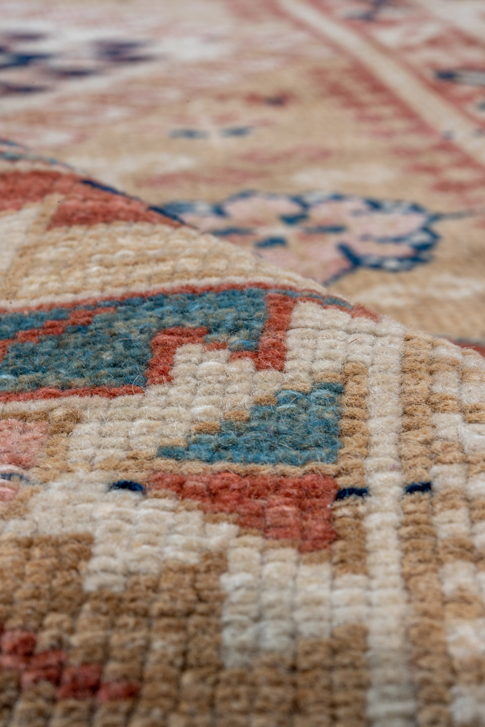 3' x 15' one-of-a-kind handmade vintage Sarab runner rug. Color palette: blue, brown, dim gray, gray, light gray, off-white
