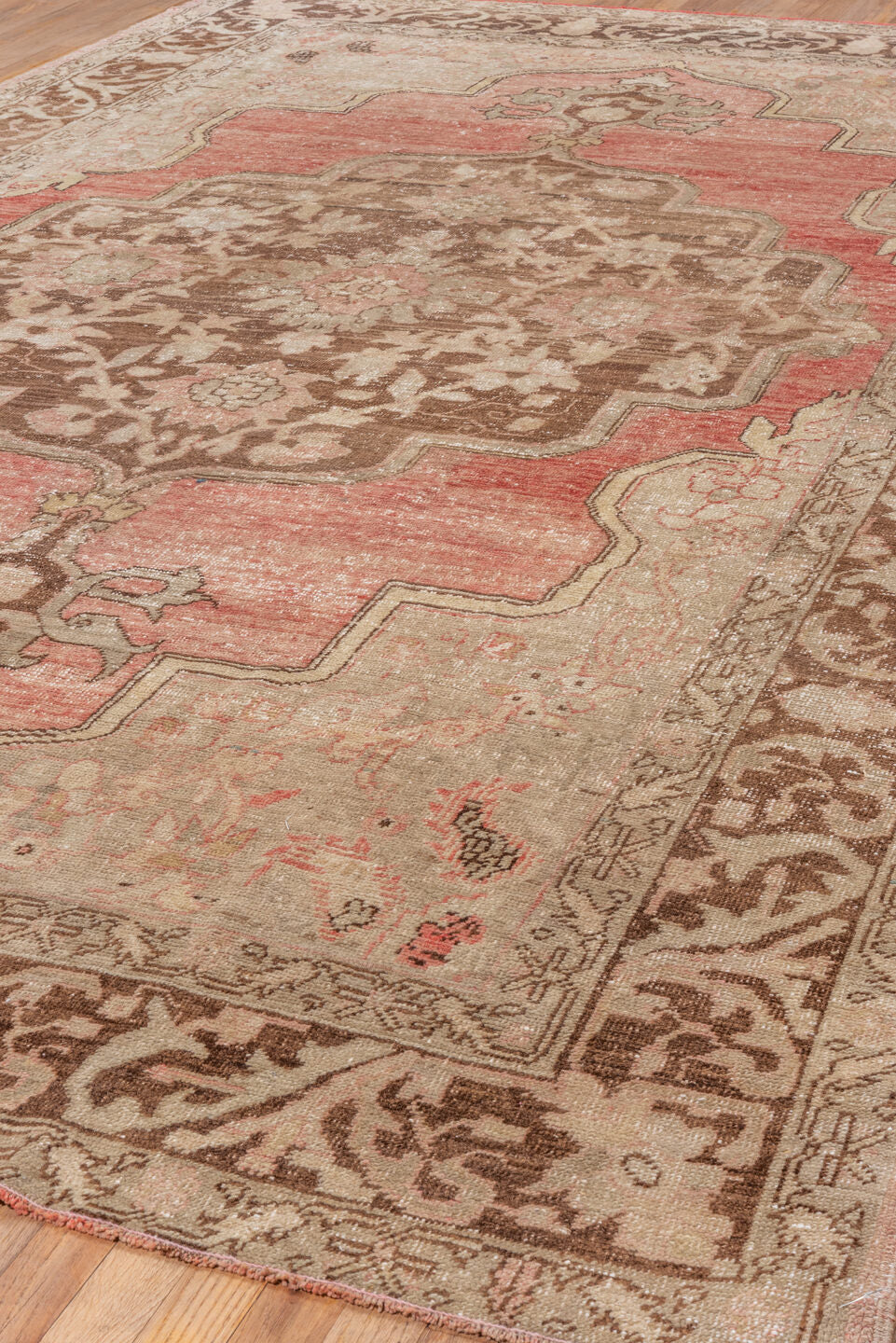 7' x 12' one-of-a-kind handmade antique Oushak large size rug. Color palette: rose, brown, ivory, beige, taupe, blush, pink