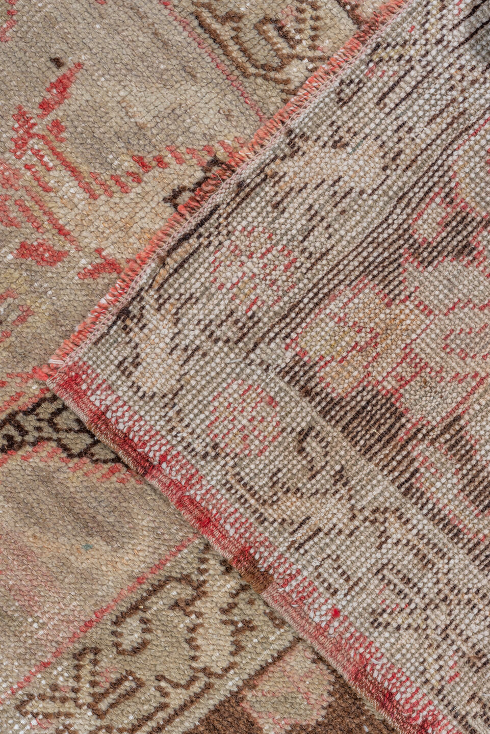 7' x 12' one-of-a-kind handmade antique Oushak large size rug. Color palette: rose, brown, ivory, beige, taupe, blush, pink