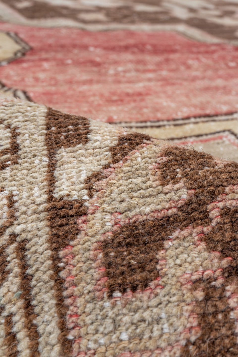 7' x 12' one-of-a-kind handmade antique Oushak large size rug. Color palette: rose, brown, ivory, beige, taupe, blush, pink