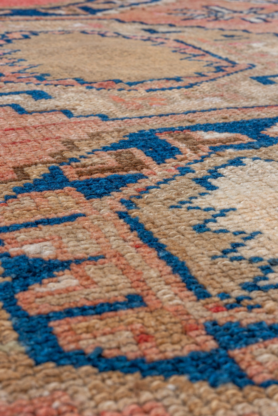 4' x 4' one-of-a-kind handmade antique Kars small size rug. Color palette: coral, camel, navy, ivory, rose, taupe, crimson