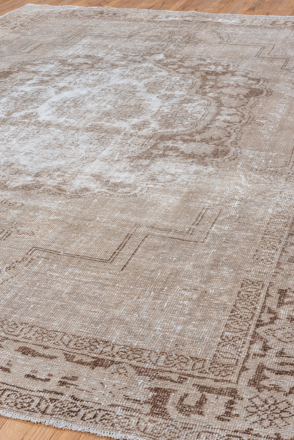 8' x 11' one-of-a-kind handmade vintage Oushak large size rug. Color palette: ivory, taupe, beige, camel, sand, light brown
