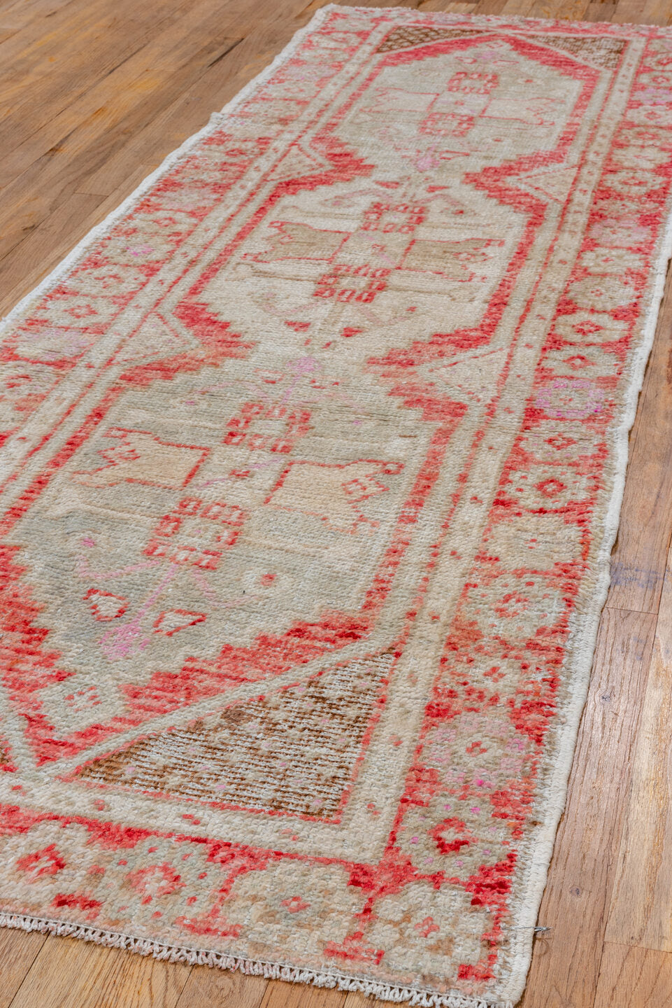 2' x 8' one-of-a-kind handmade vintage Oushak runner rug. Color palette: brown, gainsboro, gray, light gray, off-white, pink