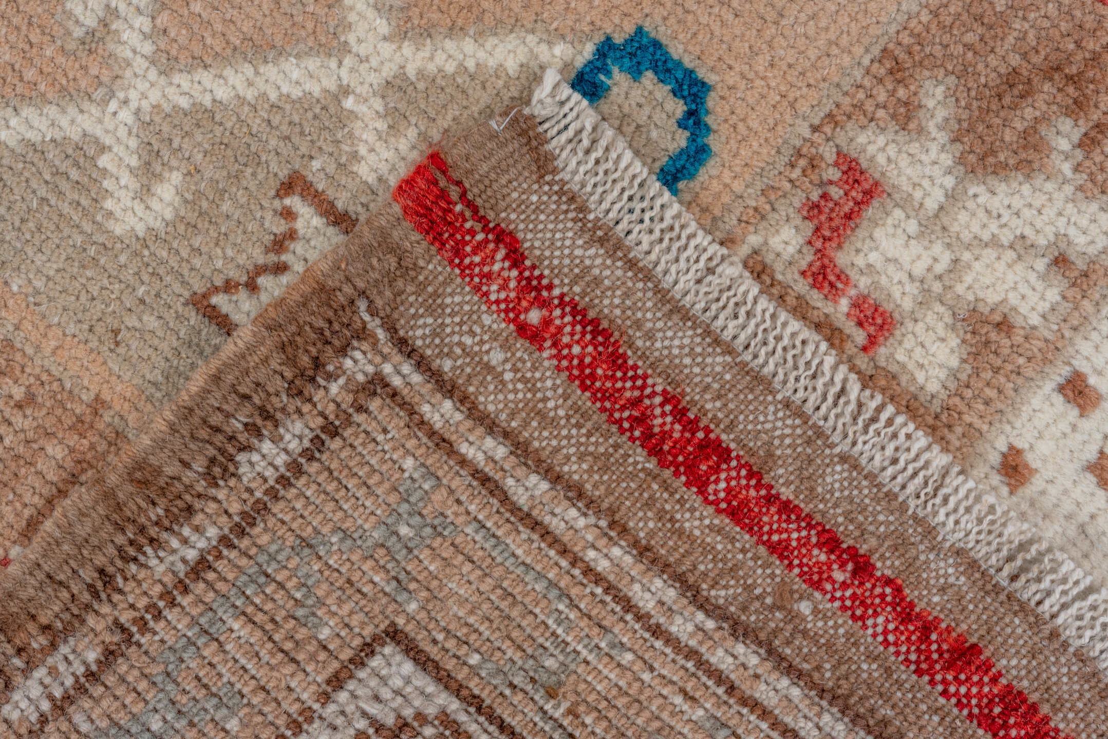 2' x 3' one-of-a-kind handmade vintage Oushak small size rug. Color palette: beige, ivory, taupe, camel, sky_blue, coral