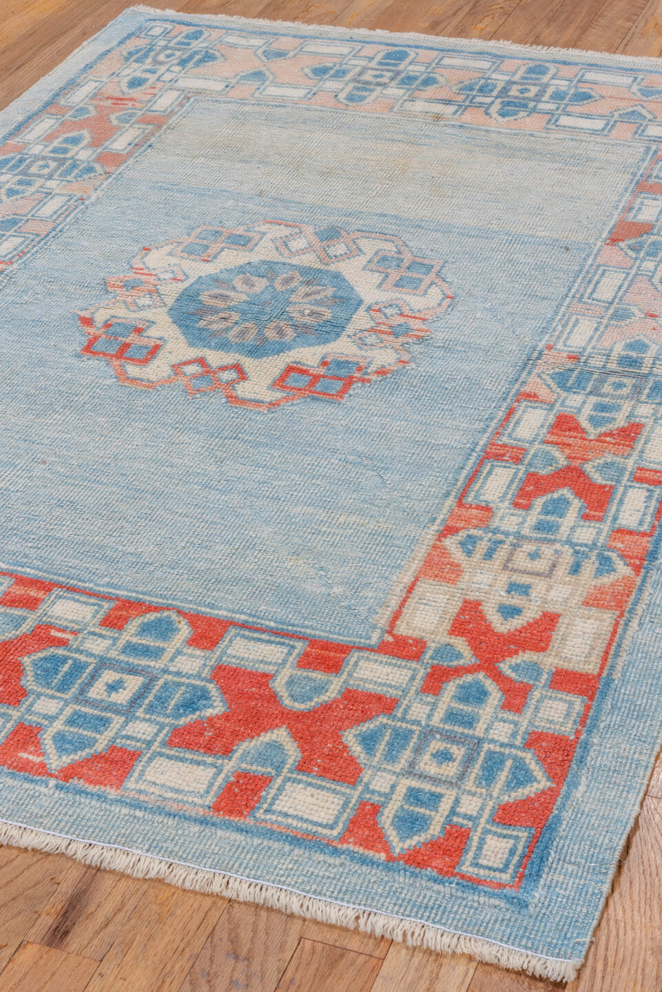 3' x 4' one-of-a-kind handmade vintage Oushak small size rug. Color palette: sky blue, ivory, coral, powder blue, slate